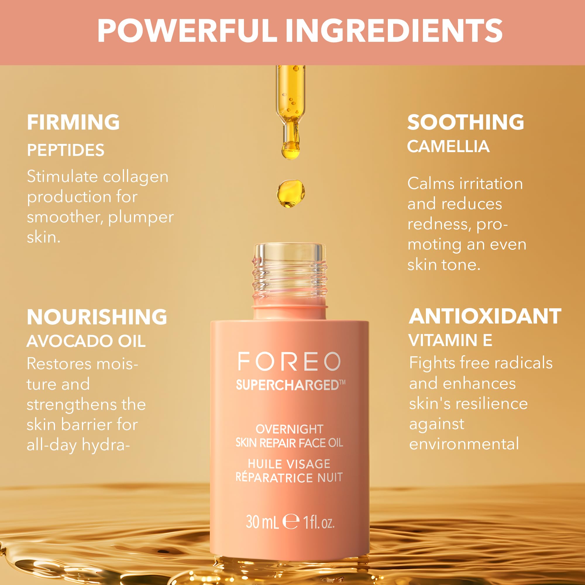FOREO SUPERCHARGED Overnight Skin Repair Face Oil - Organic Vitamin E Oil with Avocado & Camellia Oil - Nourishing Facial Oil for Radiant, Smooth Skin - Vegan & Cruelty-Free - 1 fl. Oz | Nighttime Skincare Routine, Dry Skin Treatment, Anti-Aging Moisturizer for Face & Neck