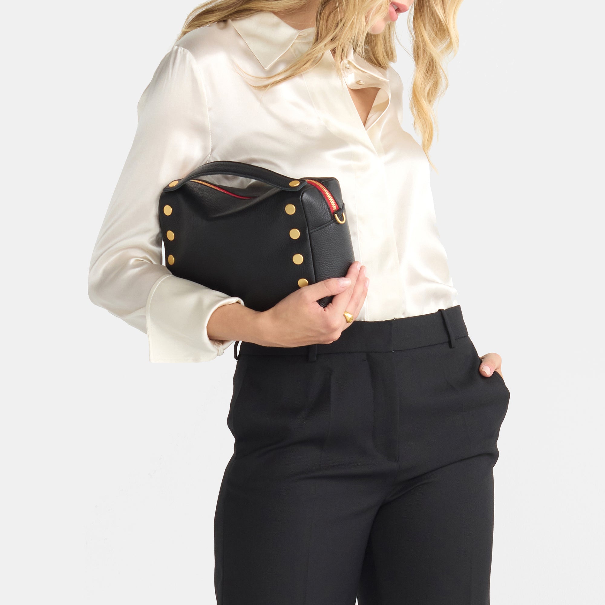 Evan Crossbody Bag for Women - Black with Brushed Gold Red Zip | Medium Size Handbag | Perfect for Work, Travel & Everyday Use