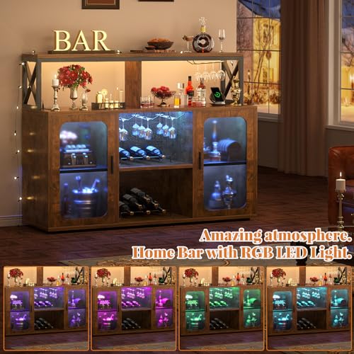 Aheaplus Rustic Brown Bar Cabinet with Power Outlets & LED Lights - Wine & Liquor Storage Cabinet with Glass Holder & Racks - Perfect for Home Bar, Coffee Station & Dining Room Buffet