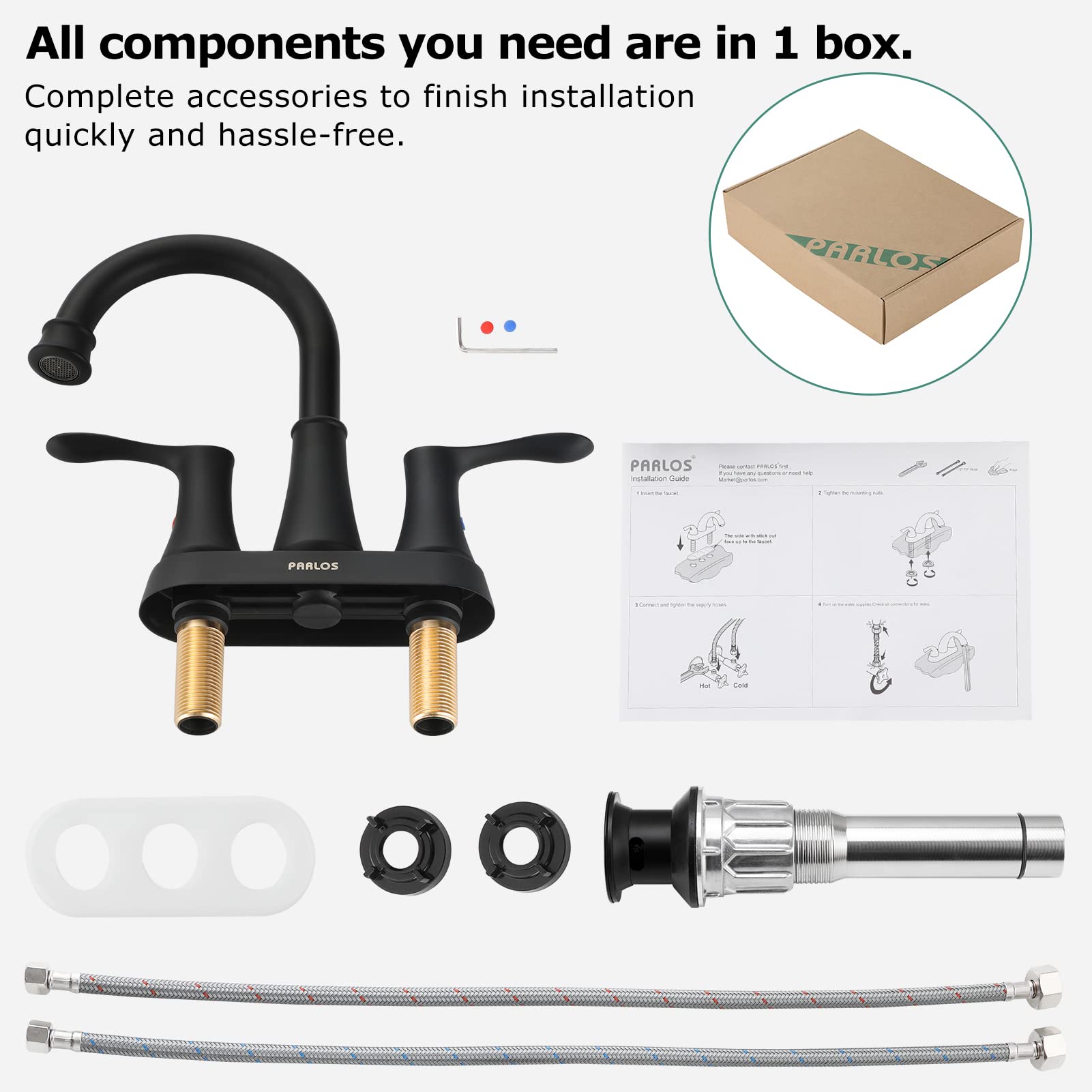 PARLOS Swivel Spout 2-Handle Bathroom Sink Faucet with Metal Pop-up Drain & Supply Lines - 1.2 GPM Low Flow Matte Black Lavatory Faucet for Bathroom Vanity, Powder Room & Guest Bath Installation