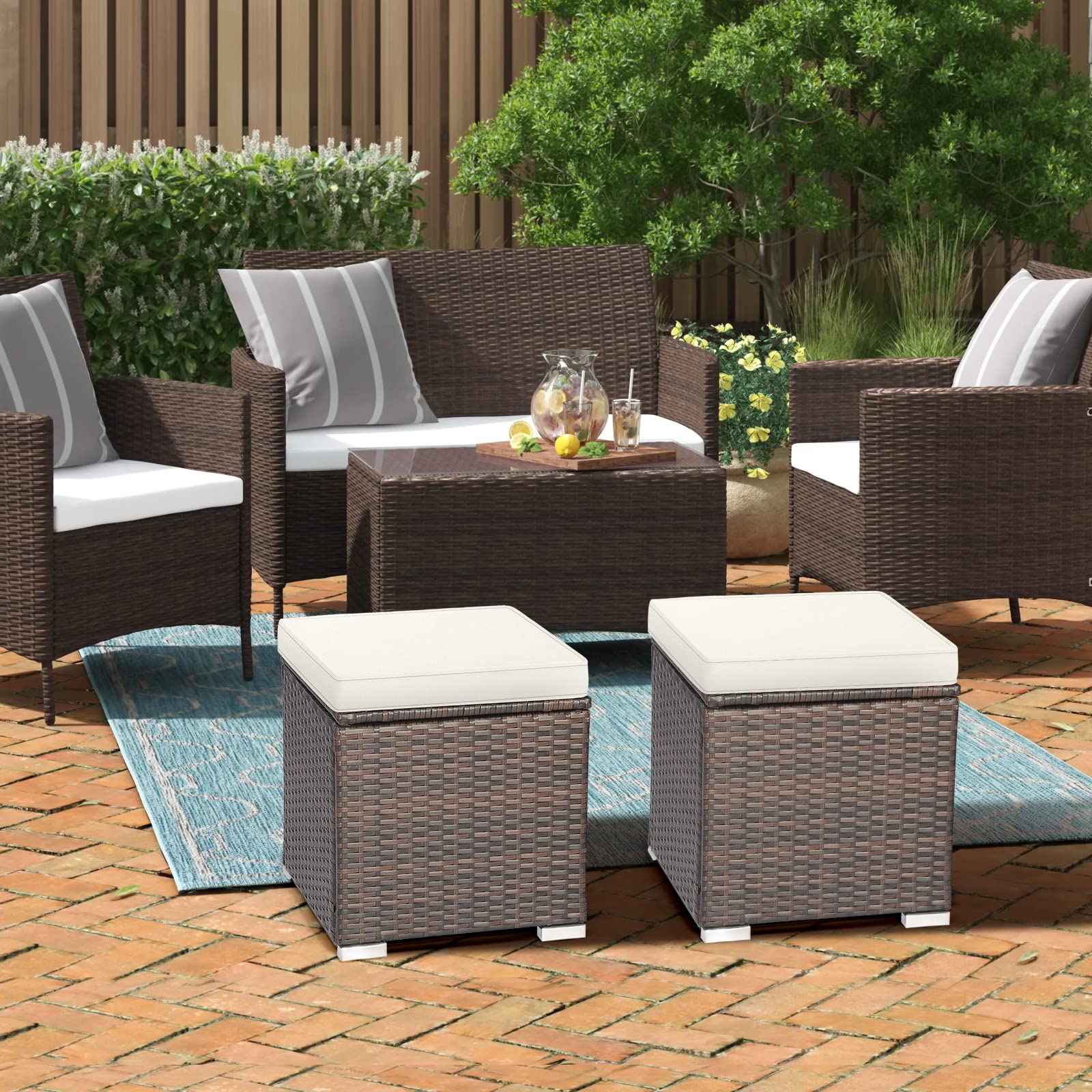 RELAX4LIFE 2-Piece Wicker Outdoor Storage Ottoman Set with Removable Cushion - Rattan Footstool, Multipurpose Footrest, Side Table & Extra Seating - Perfect for Patio, Deck, Garden & Poolside (Off White)