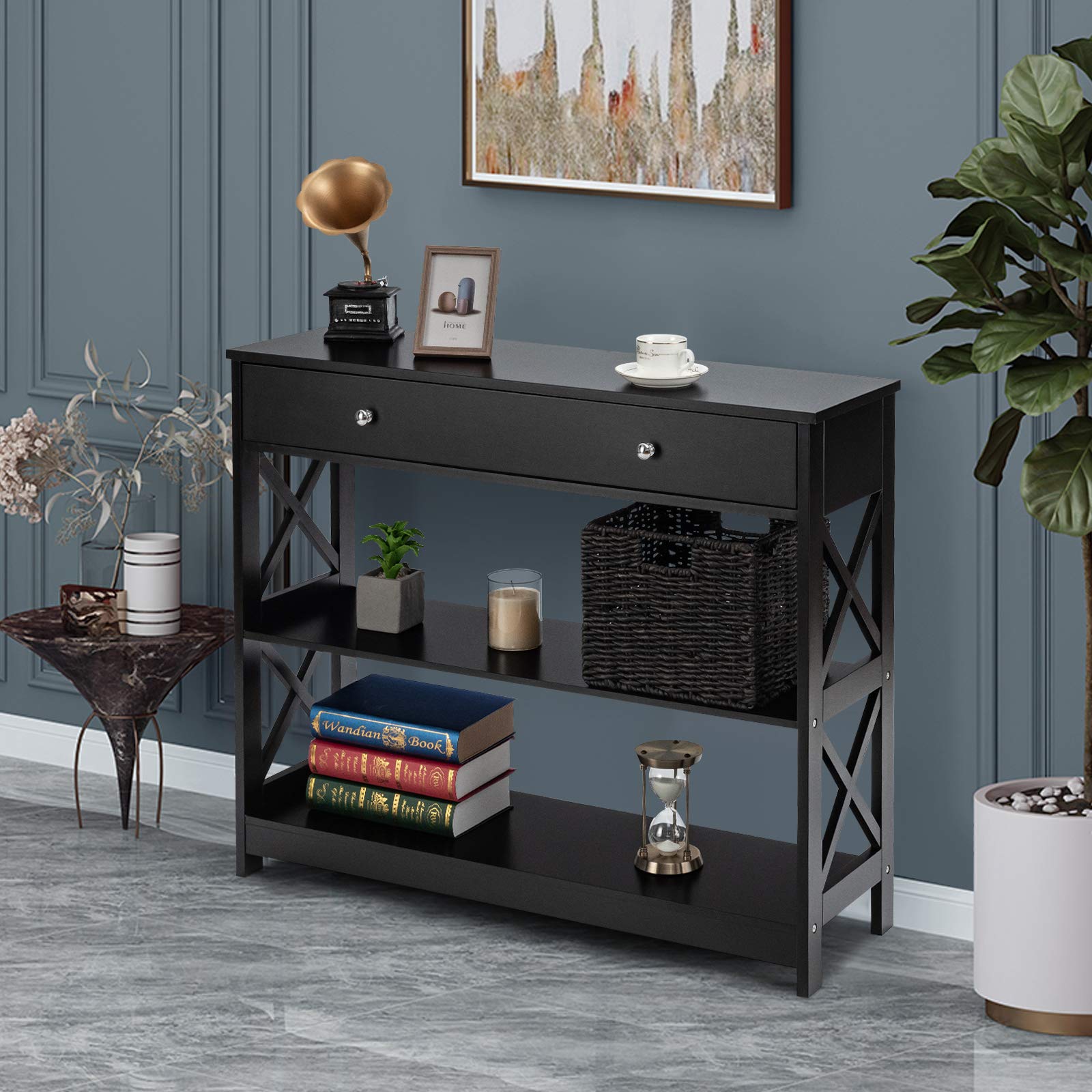 Giantex 3-Tier Console Table with 2 Drawers & Shelves - Modern Entryway Sofa Table with Spacious Desktop - Elegant Hallway Side Table for Living Room, Office, Corridor - Perfect for Small Spaces & Home Decor (Black)