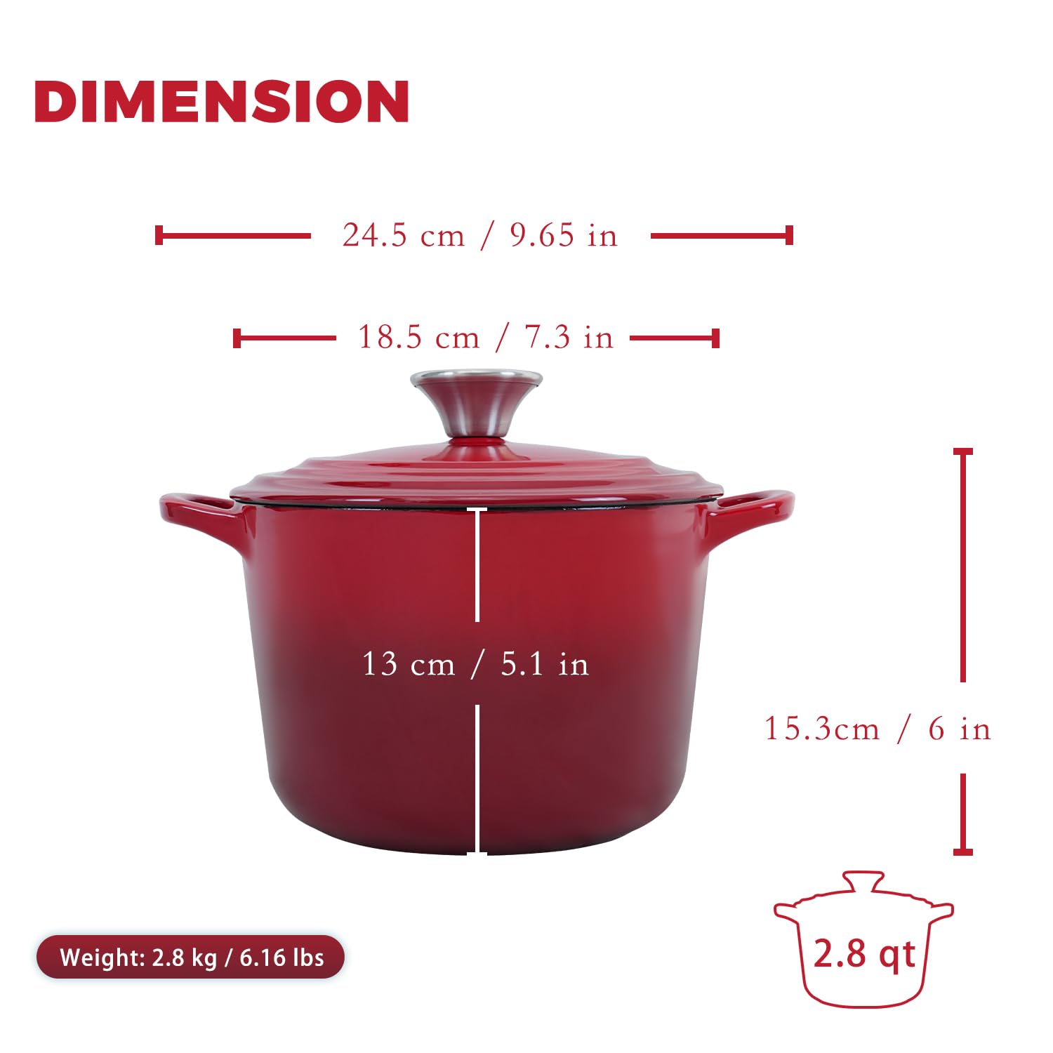 2.8 qt Red Enameled Cast Iron Dutch Oven with Lid - Perfect for Bread Baking, Rice Cooking & Camping - Heavy Duty Oven Safe Pot with Handles for Stovetop, Oven & Outdoor Use