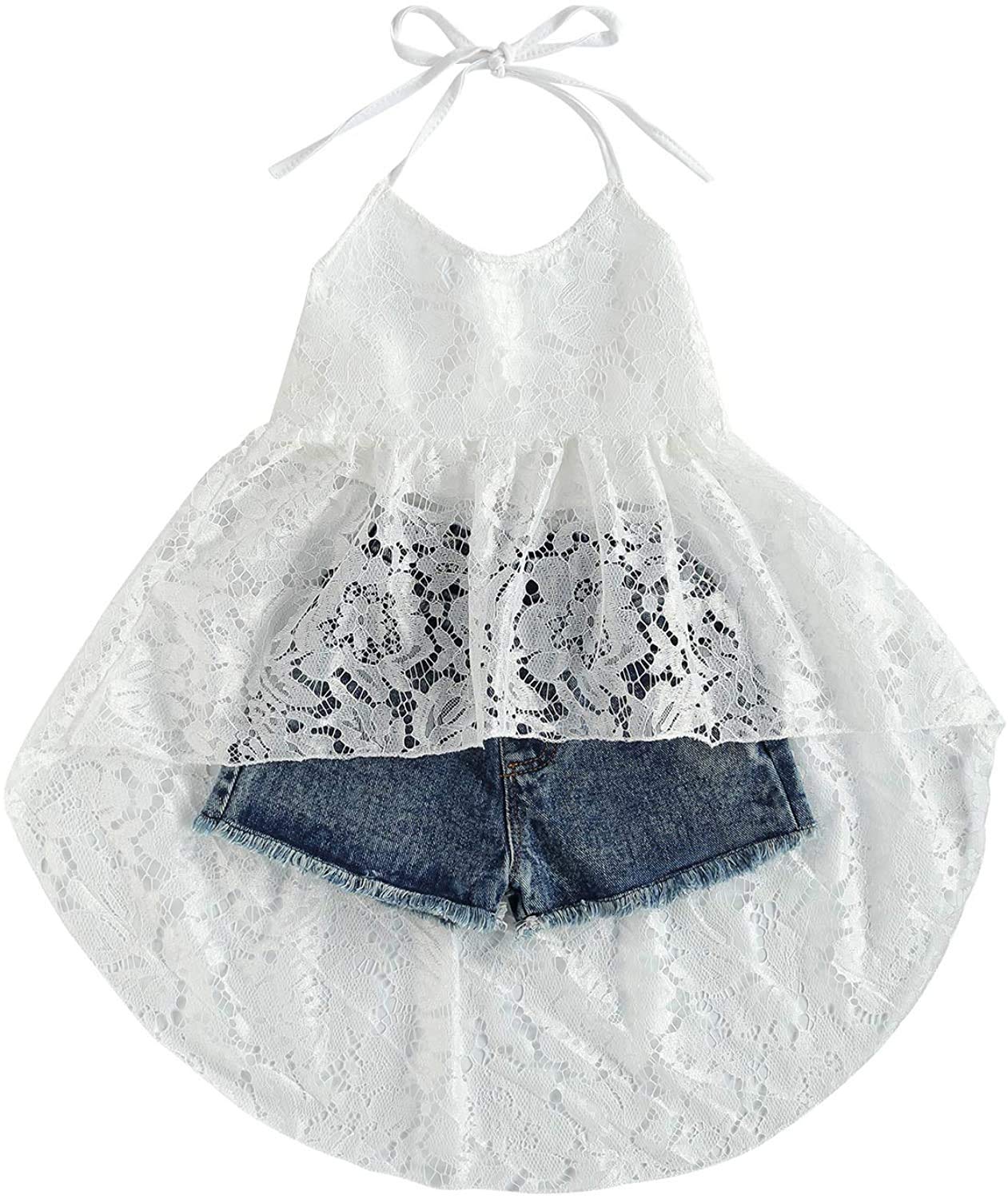 Toddler Girls' 2-Piece Summer Outfit - Sleeveless Halter Lace T-Shirt Dress & Denim Shorts Set | Cute Playtime & Beachwear