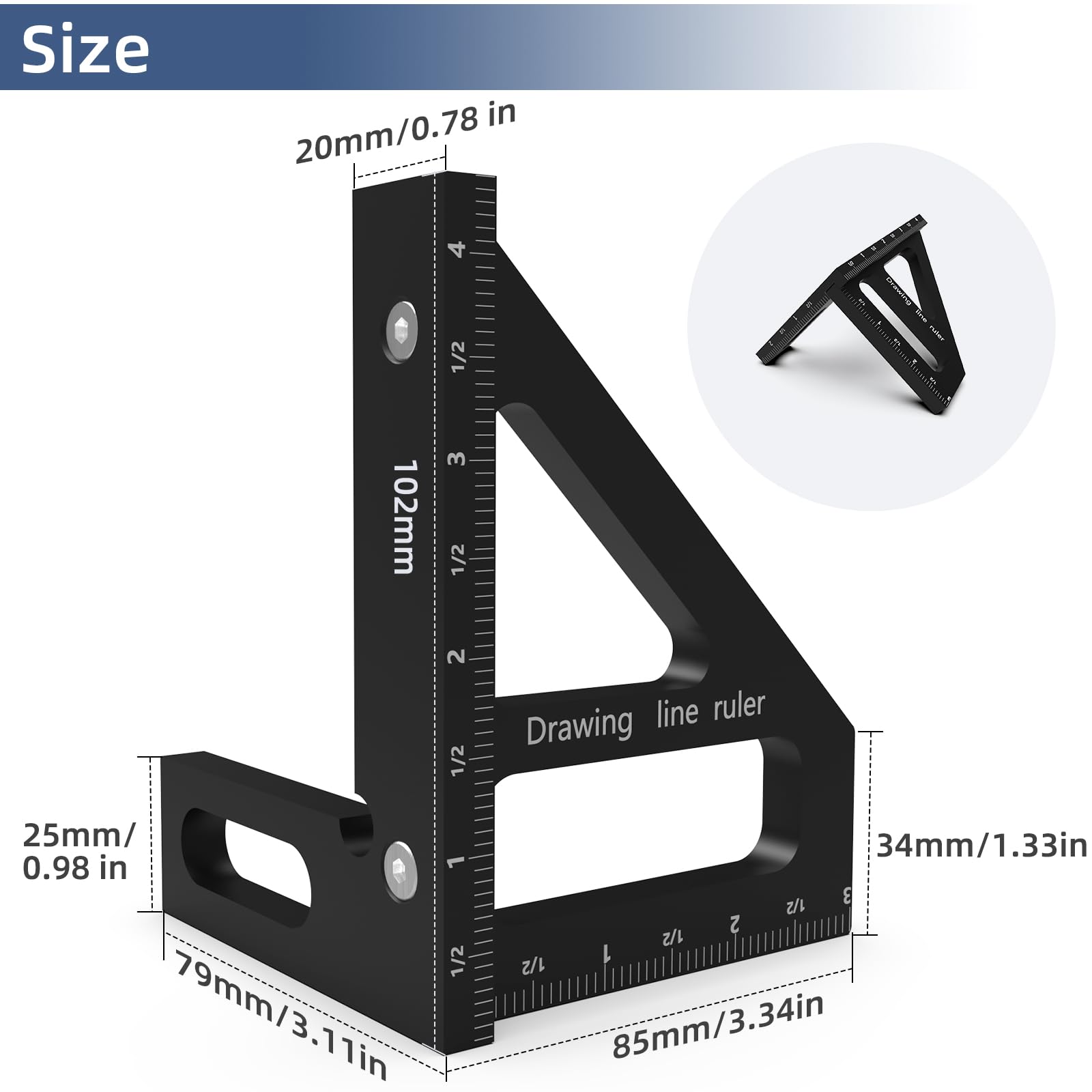 HFM 3D Multi-Angle Woodworking Square Ruler - 45/90 Degree Aluminum Alloy Protractor - High Precision Measuring Tool for Engineers & Carpenters (Black) - Perfect for Woodworking, DIY Projects & Construction Layouts