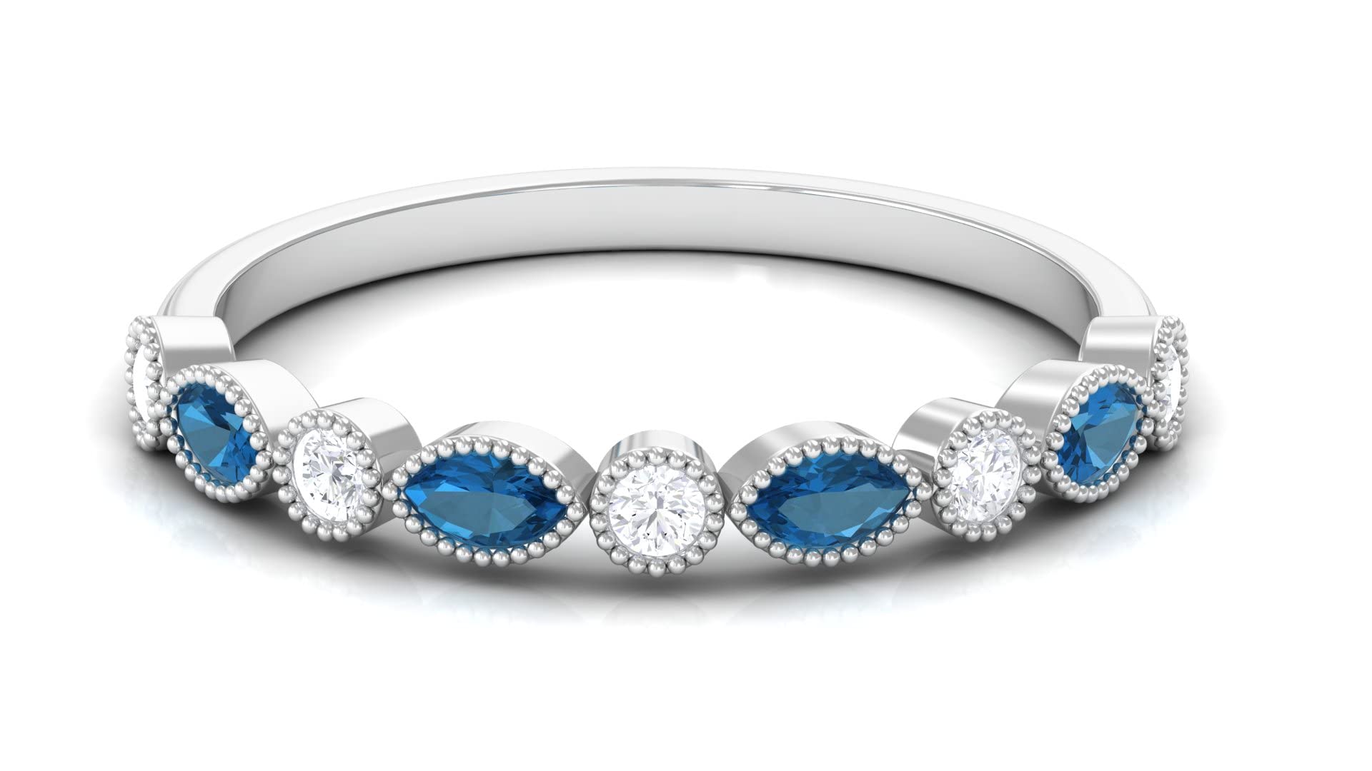 Rosec Jewels 0.75 CT London Blue Topaz & Diamond 14K Solid Gold Half Eternity Ring for Women - Elegant Beaded Wedding Band, Anniversary Gift, Engagement Ring for Special Occasions