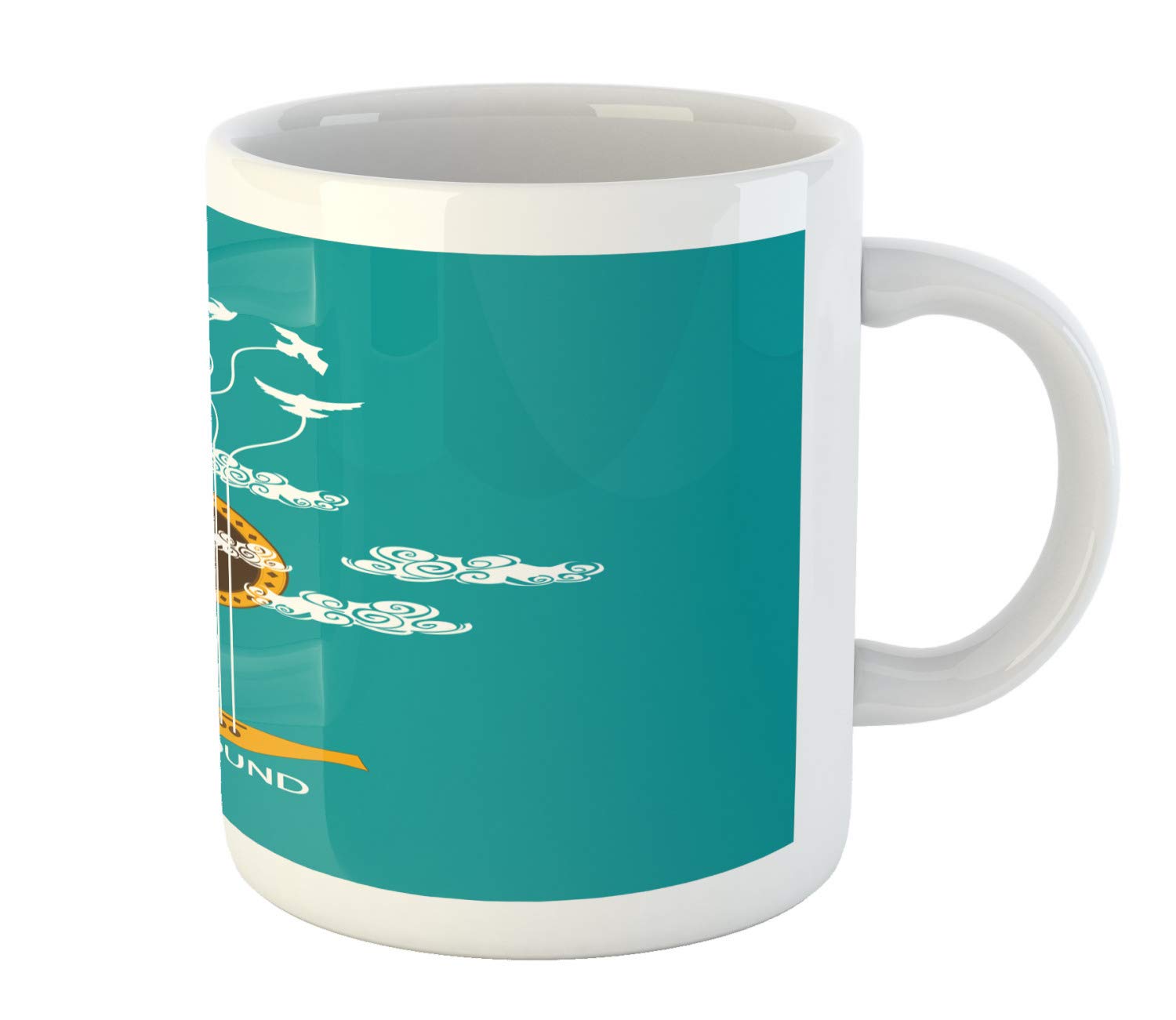 Ambesonne Guitar Mug - Abstract Music Themed Ceramic Coffee Cup with Birds on Strings & Clouds Design, Turquoise Marigold White - Perfect for Tea, Coffee & Hot Drinks at Home, Office or Music Studio