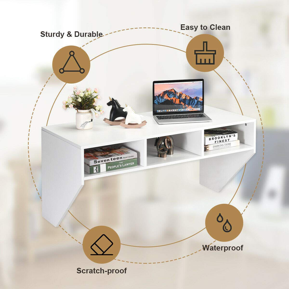 Wall Mounted Floating Desk with Storage Shelf - Space Saving Computer Table for Home Office, Living Room & Bedroom - White Home Office Furniture (Perfect for Small Spaces & Modern Interior Design)
