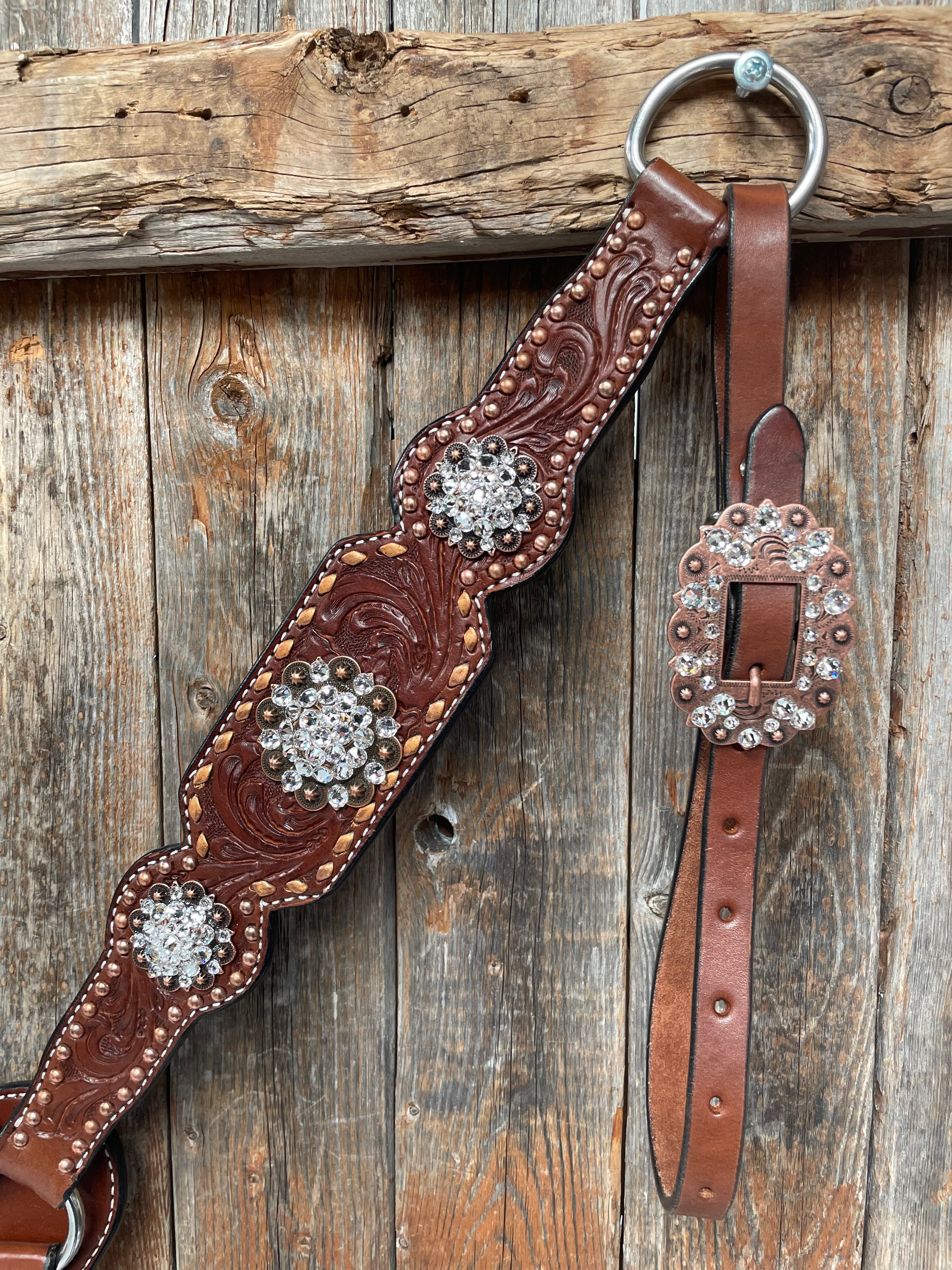 Premium Medium Oil Copper Buckstitch Clear One Ear & Breastcollar Tack Set #OEBC450 – Perfect for Western Riding, Horse Shows & Trail Riding