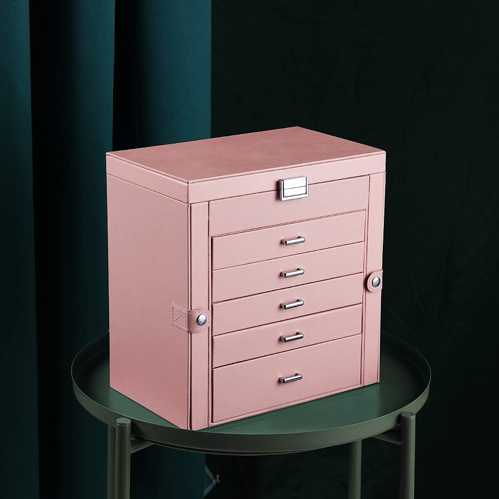 Frebeauty 6-Tier PU Leather Jewelry Organizer with Mirror & 5 Drawers - Pink for Necklaces, Bracelets & Watches Storage