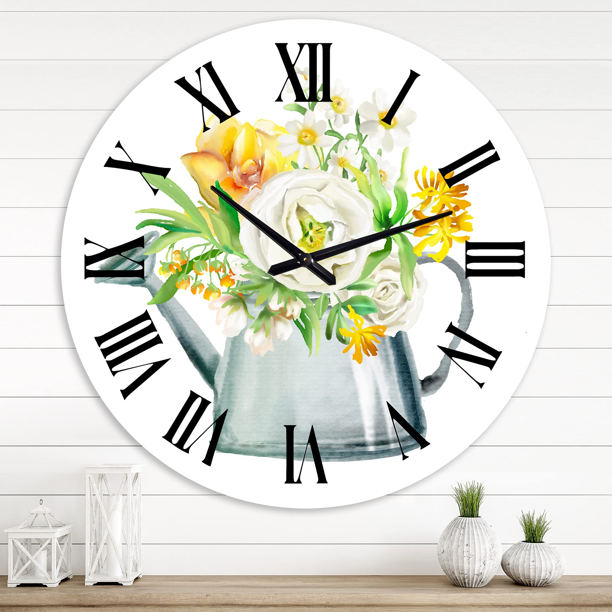 Farmhouse Wall Clock - Large Floral Botanical Design with Roses, Peonies & Marigolds in Watering Can - Perfect for Living Room, Kitchen & Home Decor