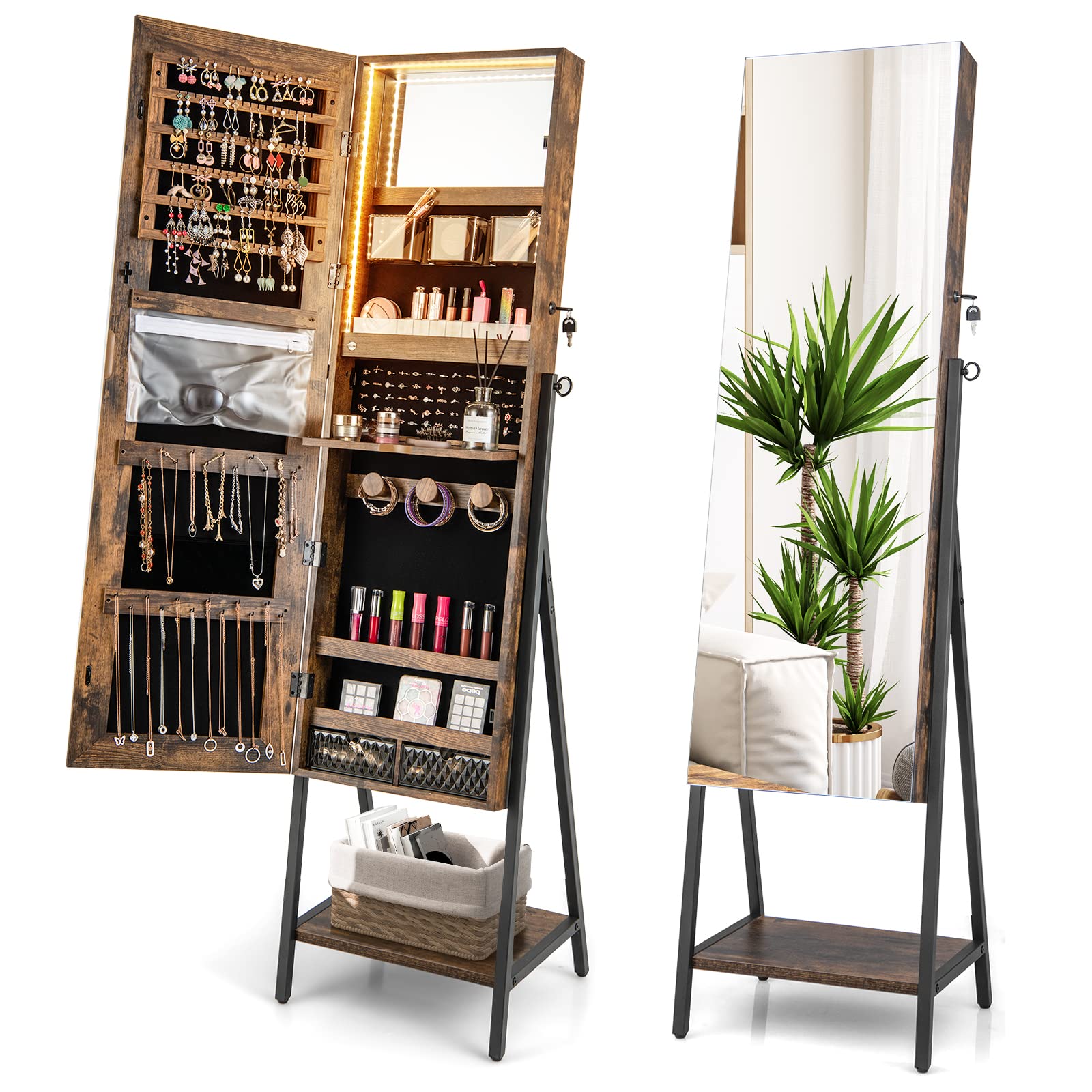 Charmaid LED Strip Jewelry Armoire with Full-Length Mirror - Lockable Jewelry Cabinet Organizer with 3-Color Lighting, 3 Brush Boxes, 2 Drawers & Bottom Storage Shelf - Rustic Brown Metal Frame Jewelry Storage for Bedroom, Dressing Room & Closet Organization