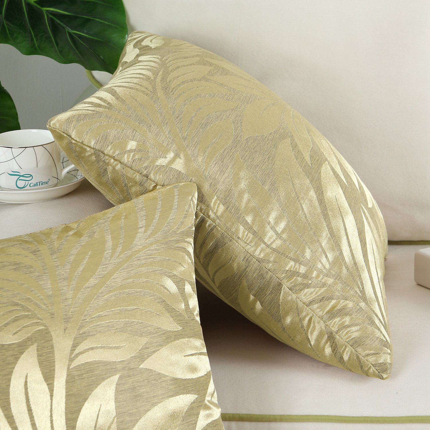 Premium Pack of 2 Tropical Fern Leaf Throw Pillow Covers 18x18 Inches - Gold Shimmer & Matte Contrast for Sofa, Couch & Home Decor | Perfect for Living Room, Bedroom & Seasonal Home Styling