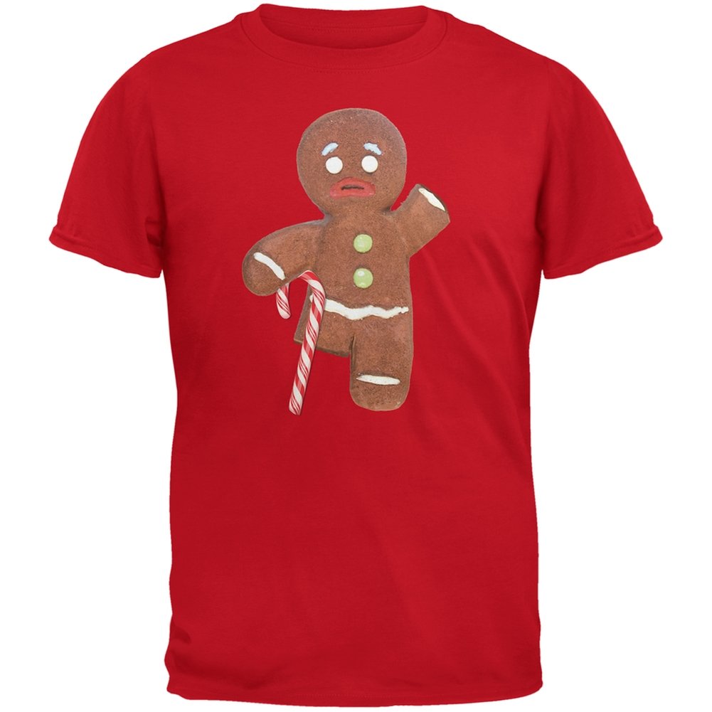 Gingerbread Man with Candy Cane Crutch Red Adult T-Shirt - Funny Christmas Holiday Novelty Tee for Men & Women - Perfect for Xmas Parties, Gift Exchanges & Festive Family Gatherings