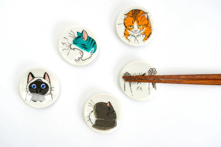 Japanese Kutani Ware Cat Chopstick Rest Set - 5pcs Handmade Ceramic Chopstick Holder for Sushi, Asian Dining & Home Decor