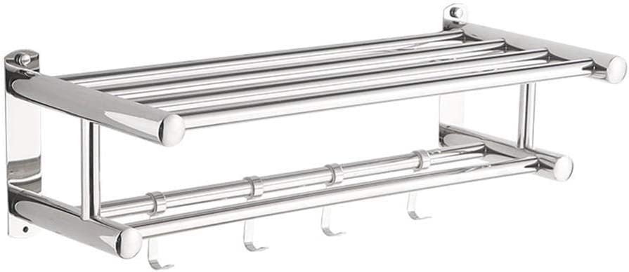 Stainless Steel Wall Mounted Towel Rack with Hooks - Double Towel Bar Rail & Storage Shelf Holder for Bathroom & Kitchen - 40cm & 50cm Options - Perfect for Small Spaces & Modern Home Decor