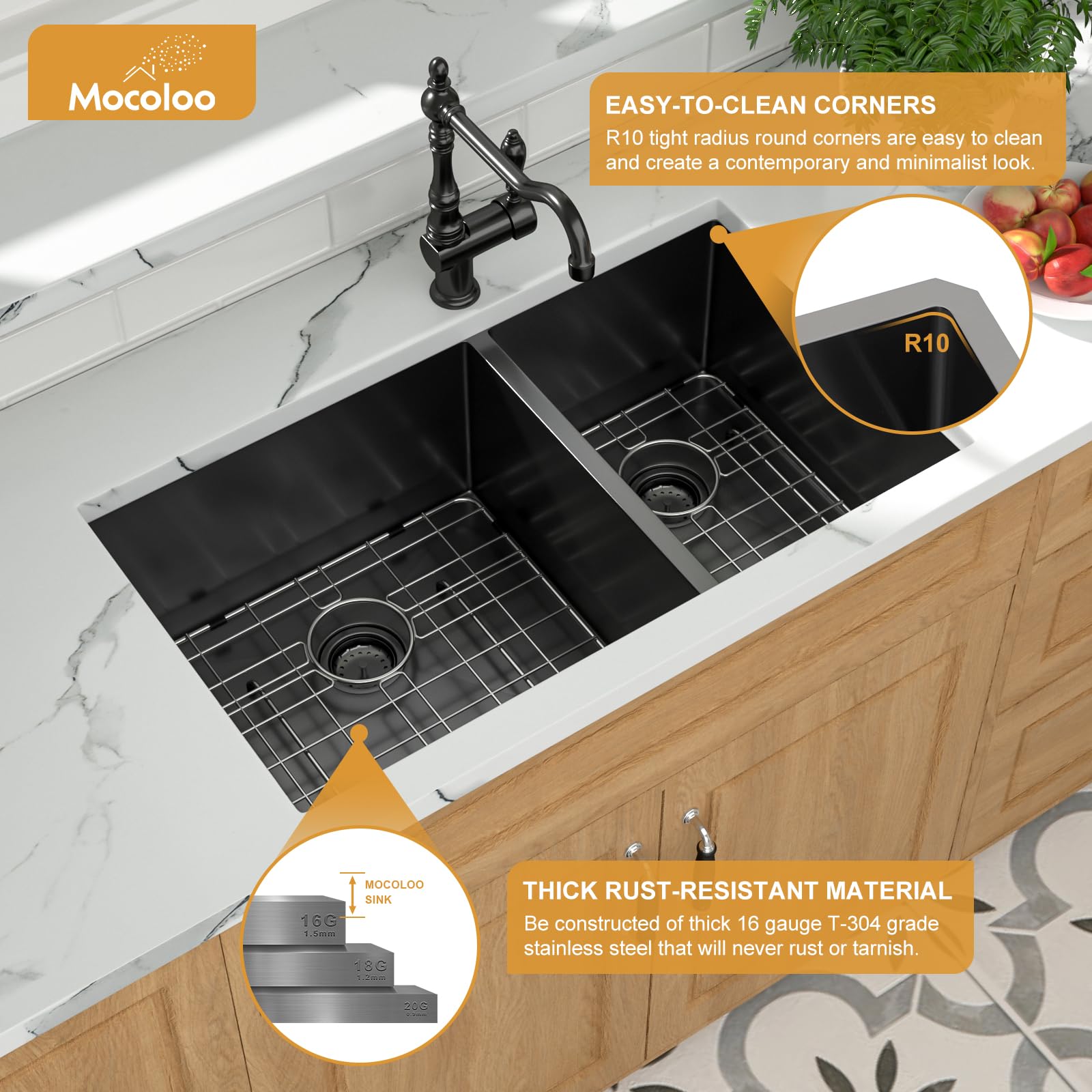 Mocoloo 33 Inch Undermount Double Bowl Kitchen Sink - 60/40 Split, Nano Gunmetal Black, 16 Gauge Stainless Steel, Handmade (33