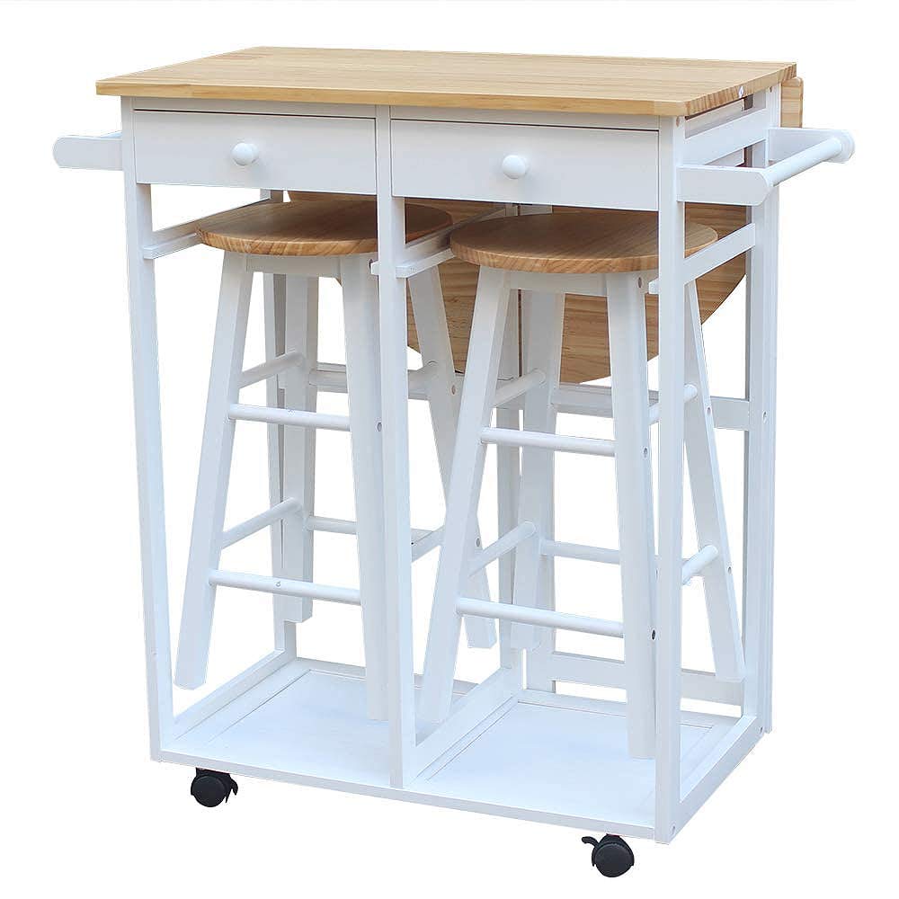 Samanoya 3-Piece Dining Table Set with 2 Stools - Compact Kitchen Table for Small Spaces - Removable Rolling Pub Bar Table with 2 Drawers (Log Color Top) - Perfect for Apartments, Studios & Small Kitchens