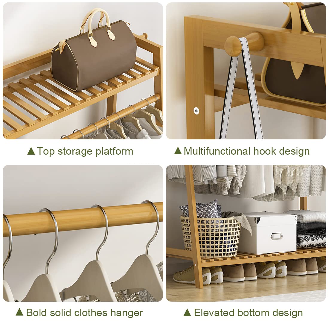 Portable Bamboo Clothes Rack with 2 Shelves, Multifunctional Floor Standing Garment Rack, Easy to Assemble (130x40x140cm) - Perfect for Bedroom, Closet Organization & Small Space Storage