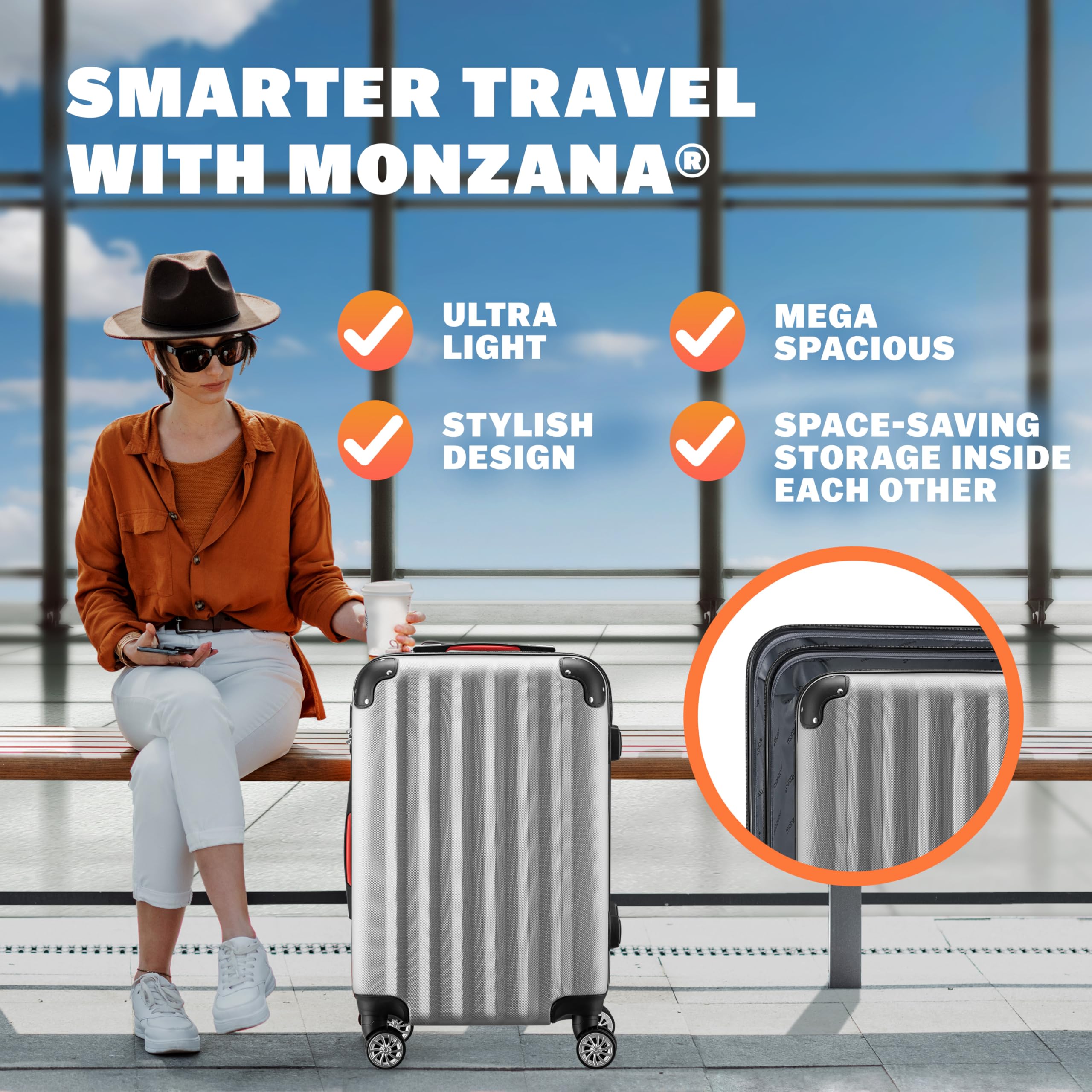 Monzana® 3-Piece ABS Hard Shell Travel Suitcase Set with 4 Spinner Wheels - Scratch Resistant Lightweight Luggage in Silver (Medium, Large, XL) - Perfect for Business Trips, Vacations & Air Travel