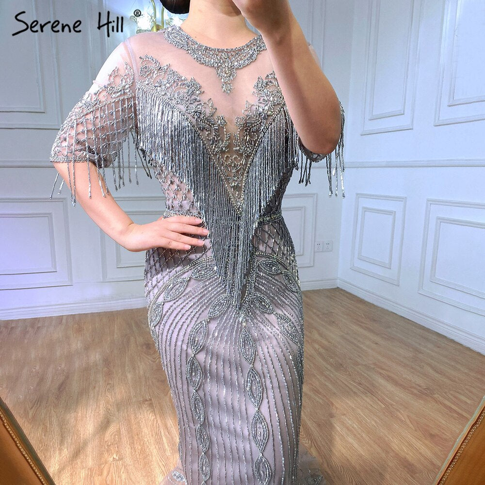 Serene Hill Luxury Grey Mermaid Evening Dresses for Women 2025 - Elegant Beaded Tassel Half Sleeve Gowns for Prom, Party & Formal Occasions - LA70966