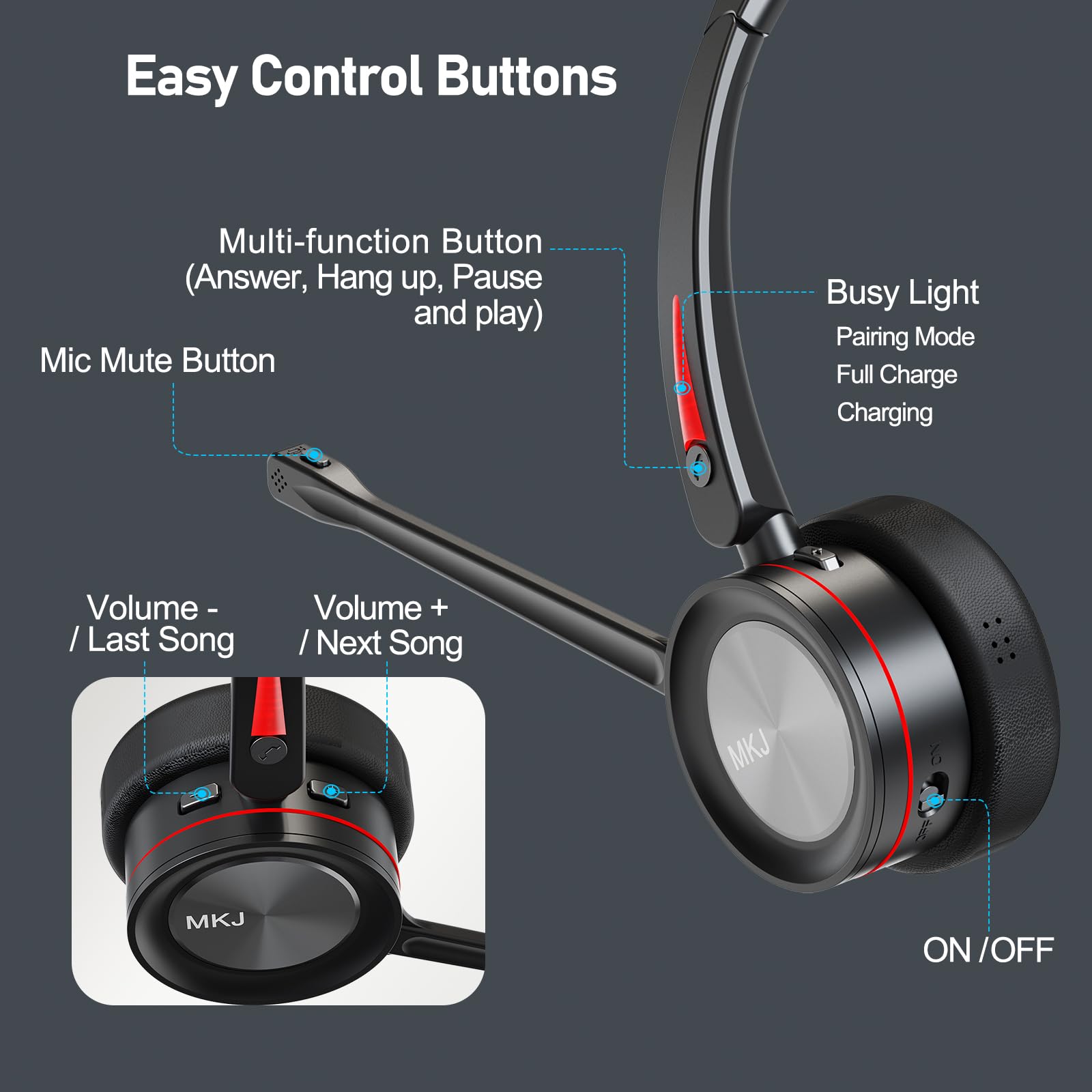 MKJ Wireless Noise Canceling Headset with Microphone for PC - Bluetooth Headphones for Call Center, Office, Truck Drivers - Compatible with Computer, Laptop, Cell Phone, Skype, Zoom, Webex - Perfect for Remote Work, Online Meetings & Gaming