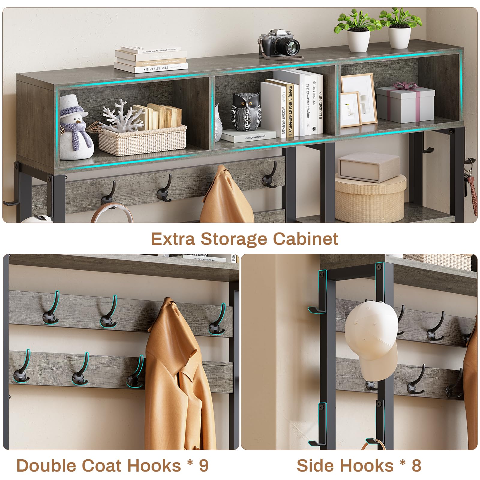 7-in-1 Itaar Hall Tree with Bench & Shoe Storage - Entryway Organizer with Coat Rack, 3 Cubbies, 3 Shelves, 17 Hooks & 2 Fabric Drawers (Oak Grey) - Perfect for Mudroom, Foyer & Small Space Organization