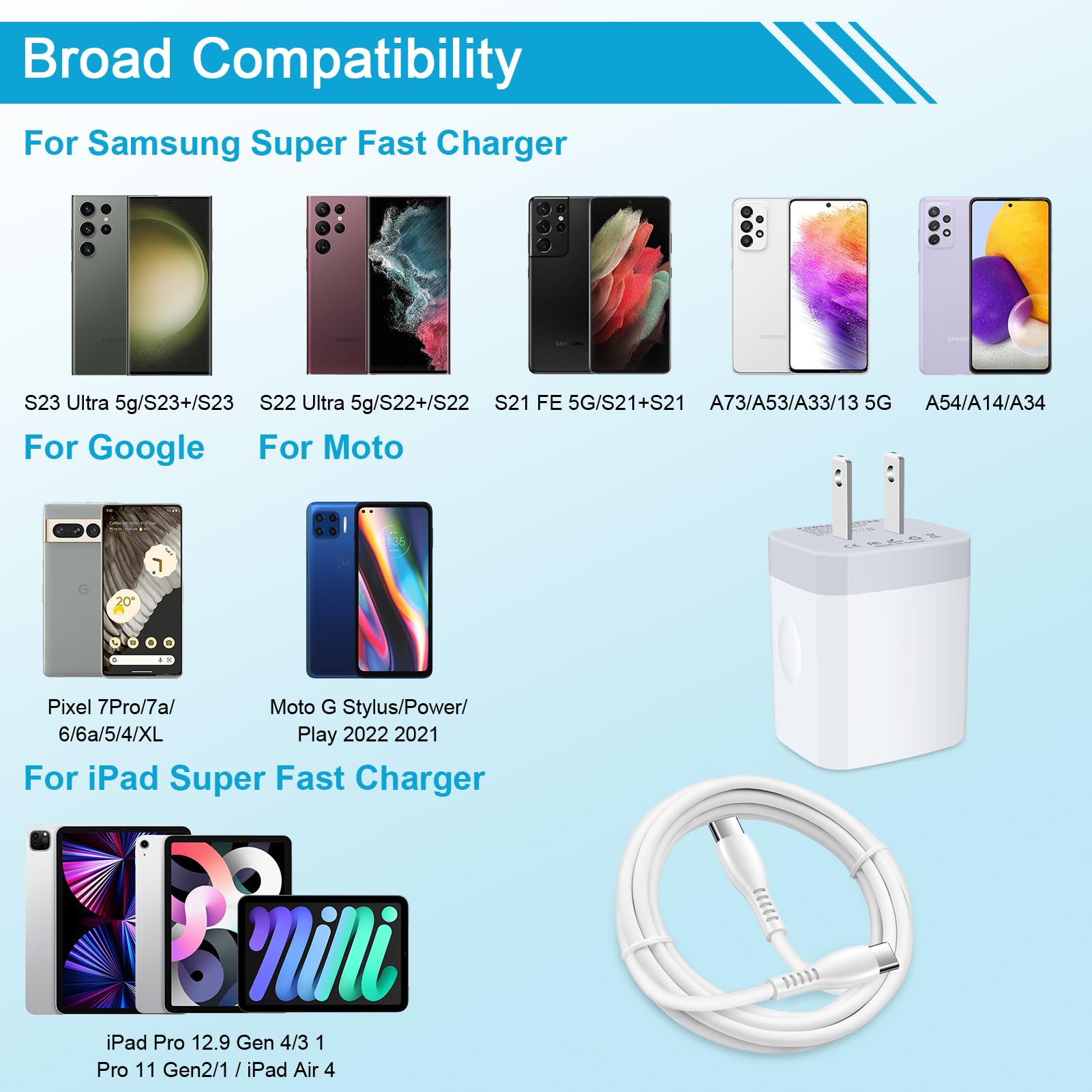 Samsung Galaxy S24 Ultra/S23/A53/A54 Fast Charger 20W USB-C Wall Charger with USB C to C Cable - Compatible with iPhone 15, Google Pixel 8/8Pro/7/6/6a/5/4/3 - Perfect for Home, Office & Travel Charging
