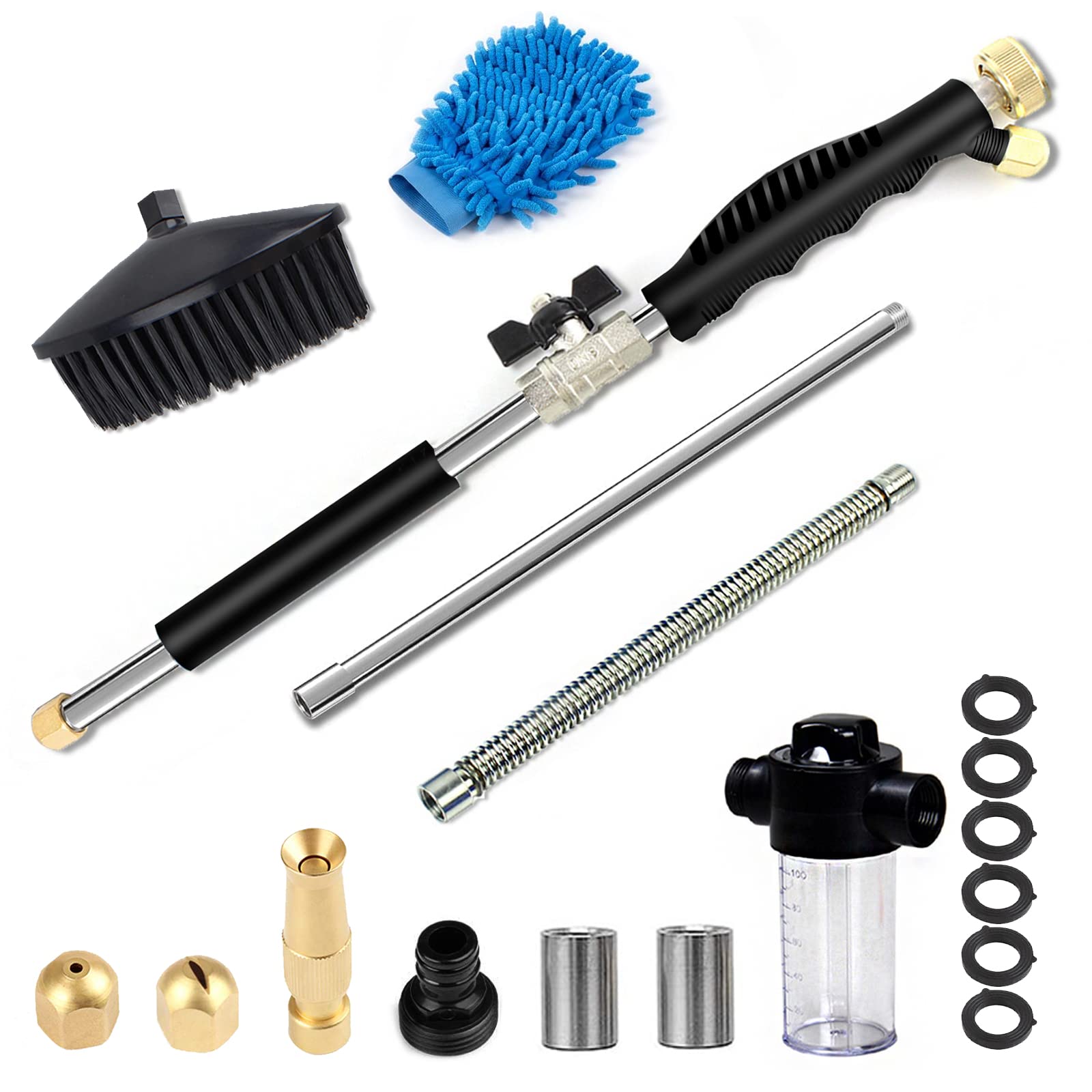 2024 Upgraded Extendable Hydro Jet Hose Pressure Washer Wand - Heavy Duty Metal Garden Hose Sprayer with Soap Dispenser & Car Wash Brush - Universal Fit for All Hoses (Black) - Perfect for Car Washing, Patio Cleaning & Outdoor Watering Tasks