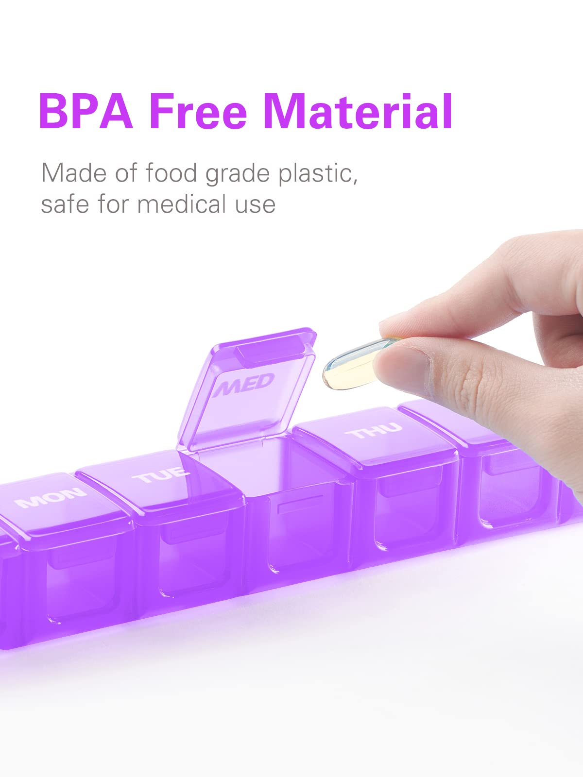 BUG HULL Weekly Pill Organizer 2-Pack - Extra Large 7-Day Travel Pill Box for Vitamins, Supplements & Medications (White+Purple) | Perfect for Daily Medication Management & Travel Essentials