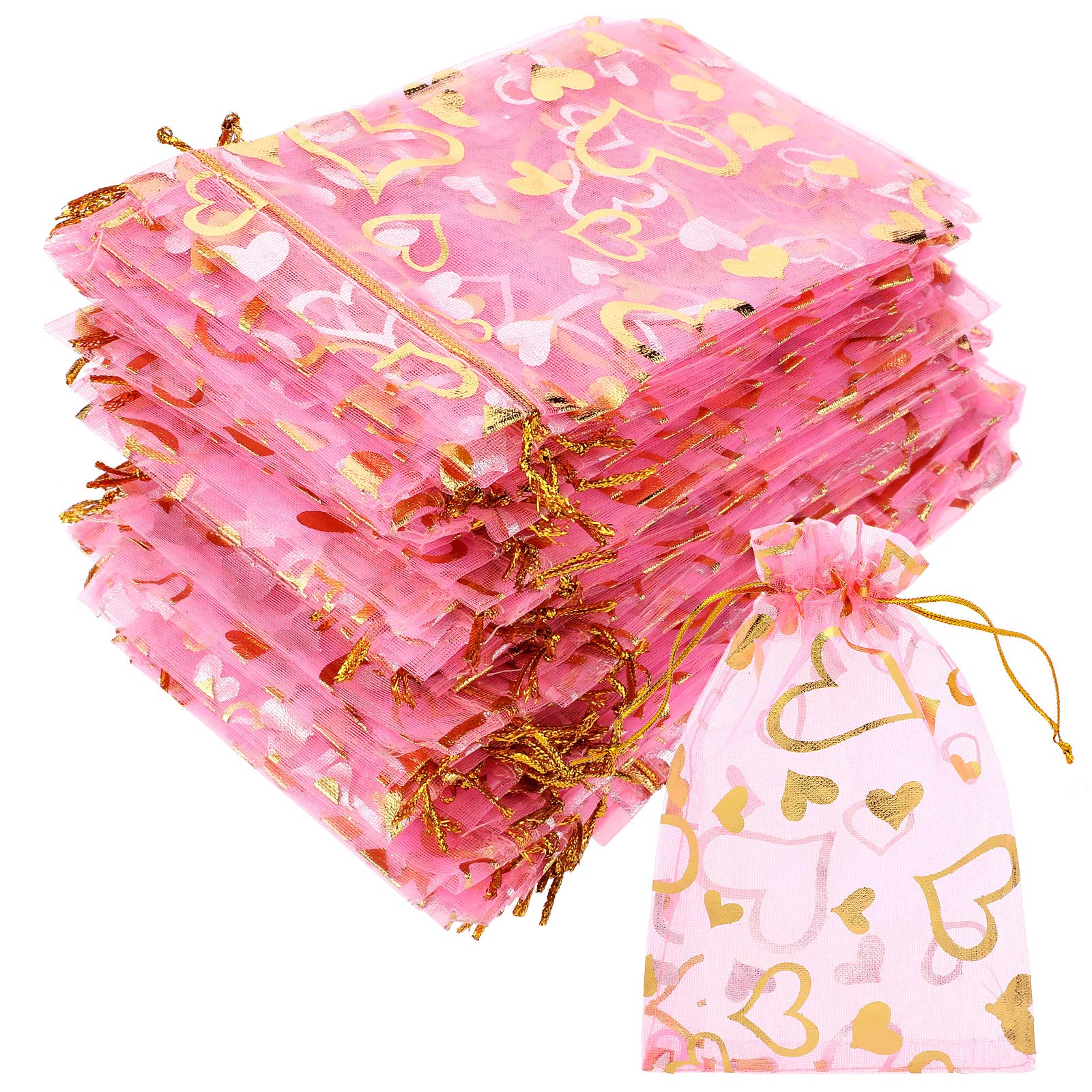 Shappy 100 Pcs 4x6 Inch Pink Heart Organza Drawstring Bags - Sheer Wedding Favor Pouches for Valentine's Day, Birthday Candy, Jewelry Gifts & Party Decorations - Perfect for Bridal Showers, Baby Showers and Special Events