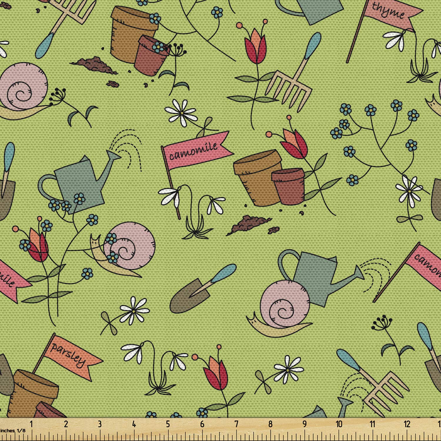 Ambesonne Snail Print Fabric by The Yard - Garden Theme with Flower Pots, Watering Cans & Plants Design - 10 Yards Green & Multicolor Decorative Fabric for Upholstery, Curtains, Pillows & DIY Home Decor Projects - Perfect for Crafting, Sewing & Interior Design