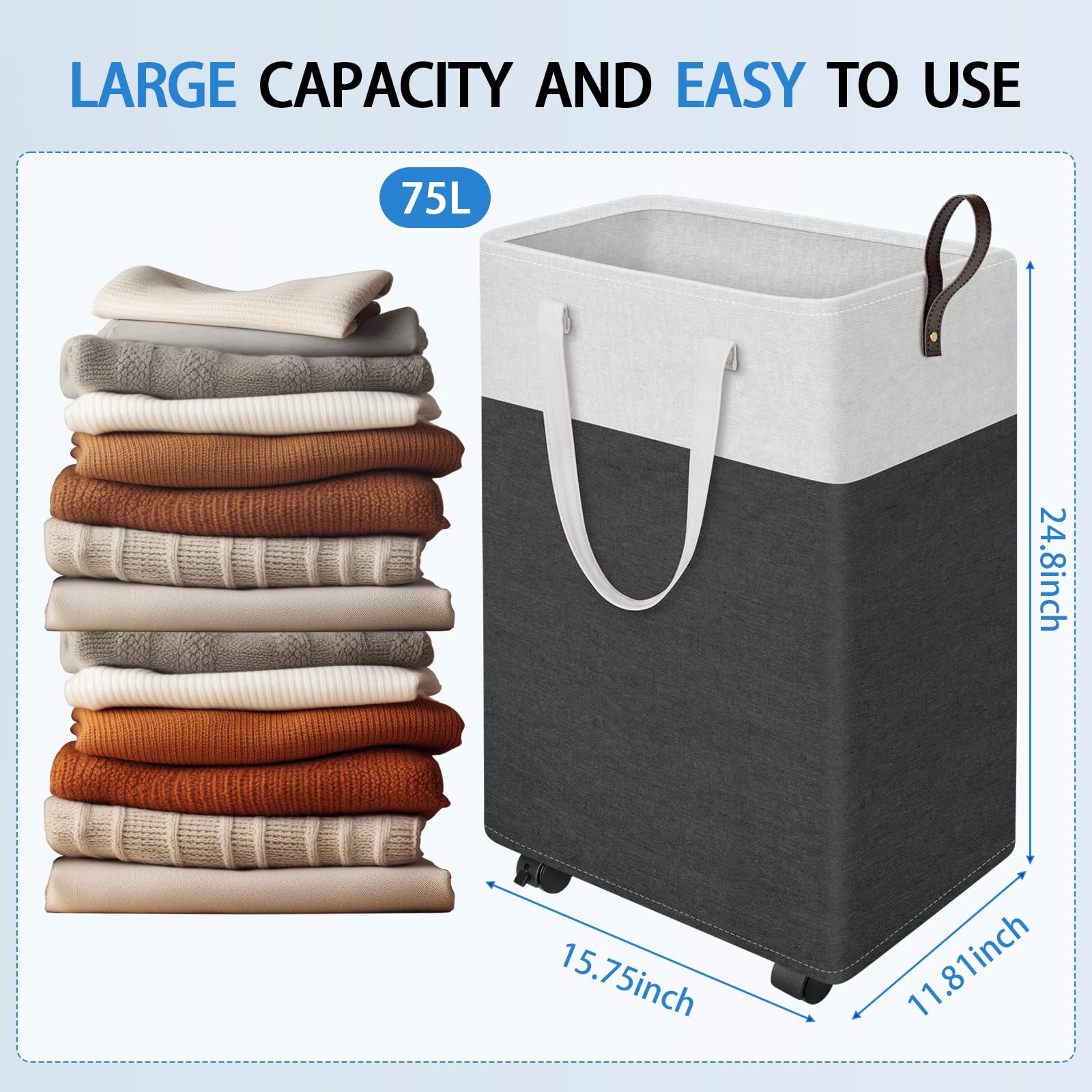75L Rolling Laundry Basket with Wheels - Collapsible & Waterproof Mobile Clothes Hamper with Handles - Foldable Storage Bin for Laundry Room, Bedroom, Bathroom & Dorm - Perfect for Small Spaces & College Students (Gray)
