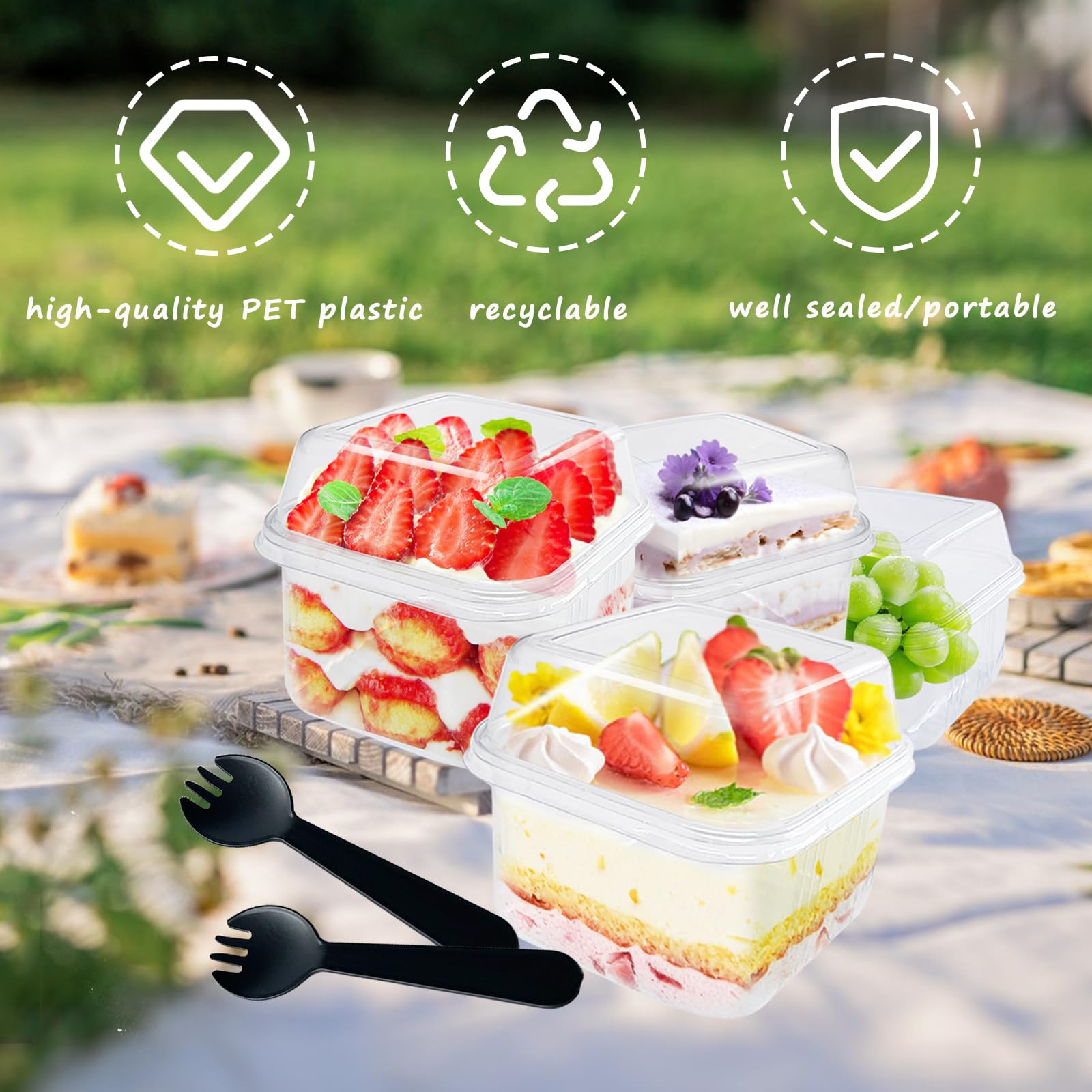 100pcs 8oz Plastic Dessert Cups with Lids and Spoons - Disposable Square Parfait Containers for Party, Mousse, Yogurt, Pudding, Snacks & Fruits - Perfect for Catering, Picnics, and Home Dessert Serving (50 Sets)