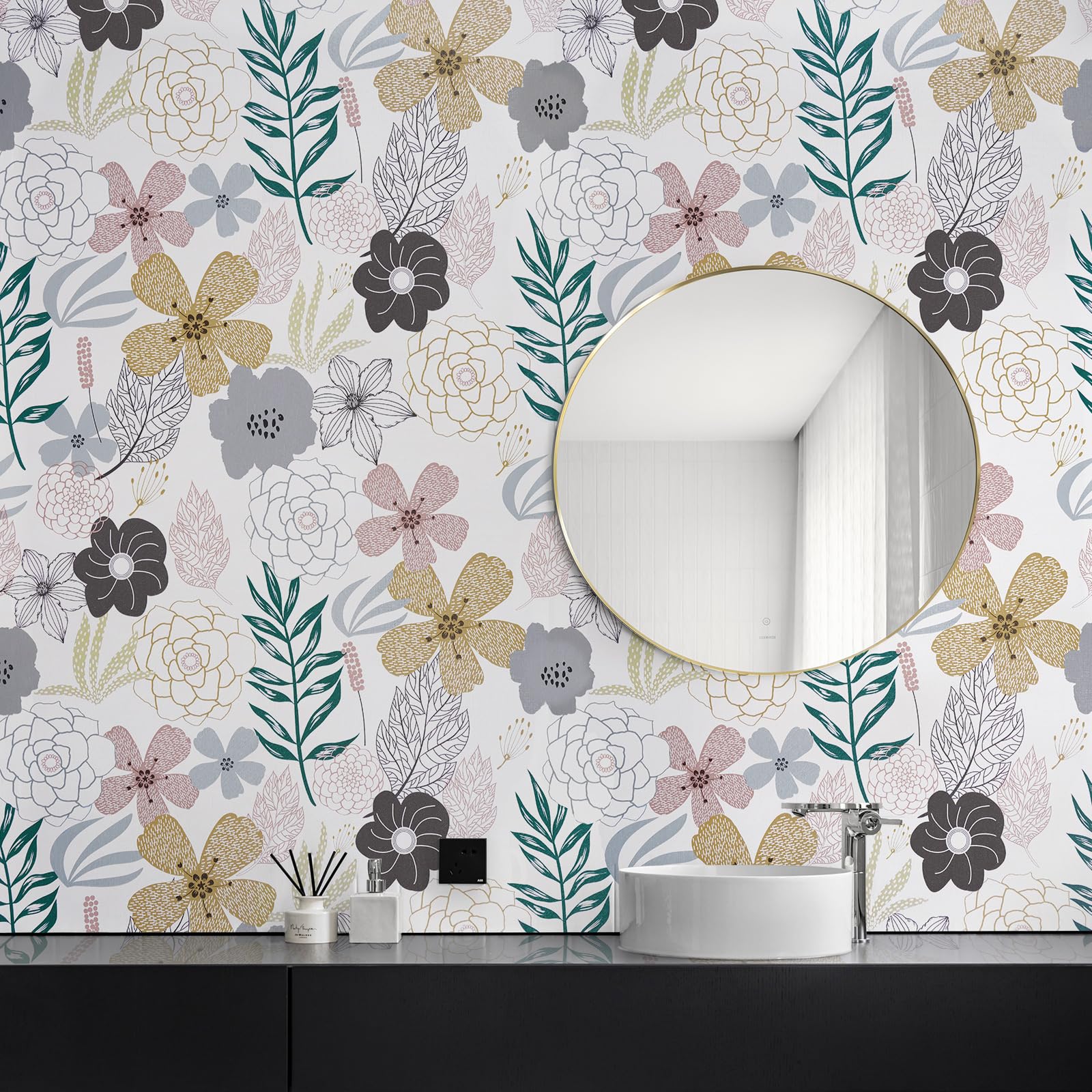 Floral Peel and Stick Wallpaper - Pink Perennial Blooms Self-Adhesive Vinyl, 17.71'' x 118'' Removable Waterproof Contact Paper for Bathroom, Cabinet & Home Decor | Easy DIY Wall Covering for Bedroom, Kitchen Backsplash & Furniture Makeover