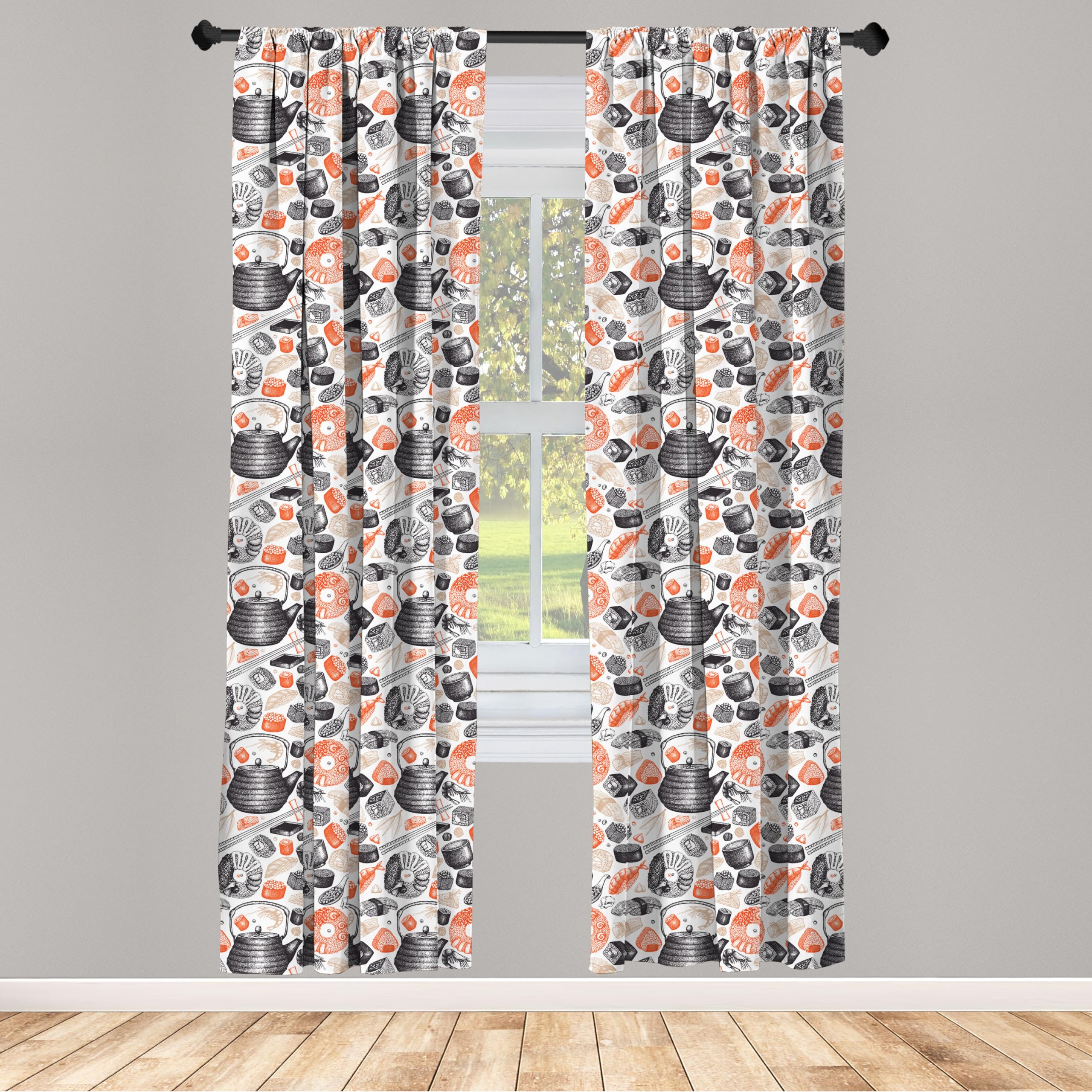 Ambesonne Sushi Curtains - Black Salmon Beige, 28x63 Inch for Kitchen & Dining