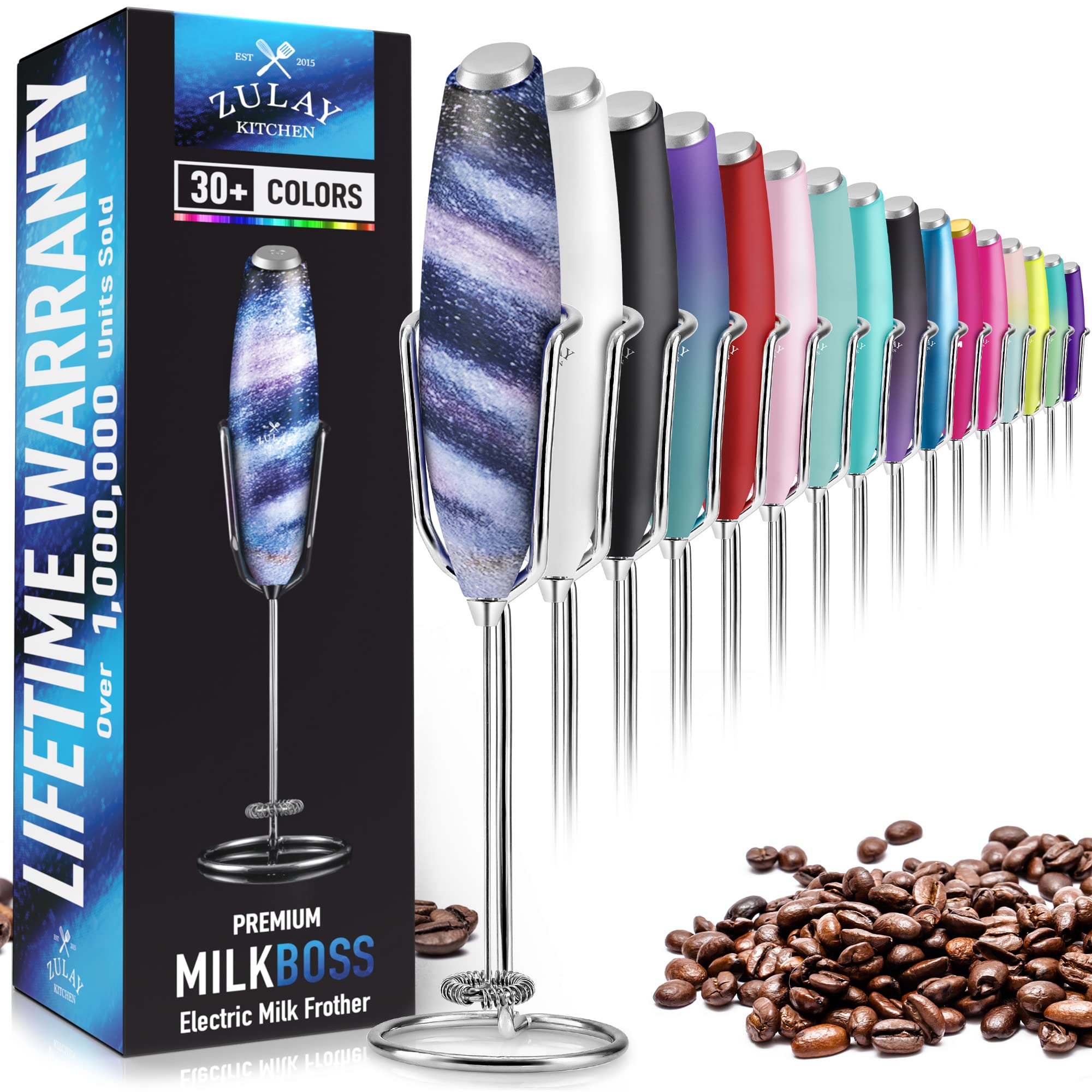 Premium Handheld Milk Frother - Upgraded Electric Coffee Foam Maker with Stainless Steel Whisk & Stand - Battery Powered for Lattes, Cappuccinos & Hot Chocolate - Perfect for Home, Office & Coffee Shops (Nebula)