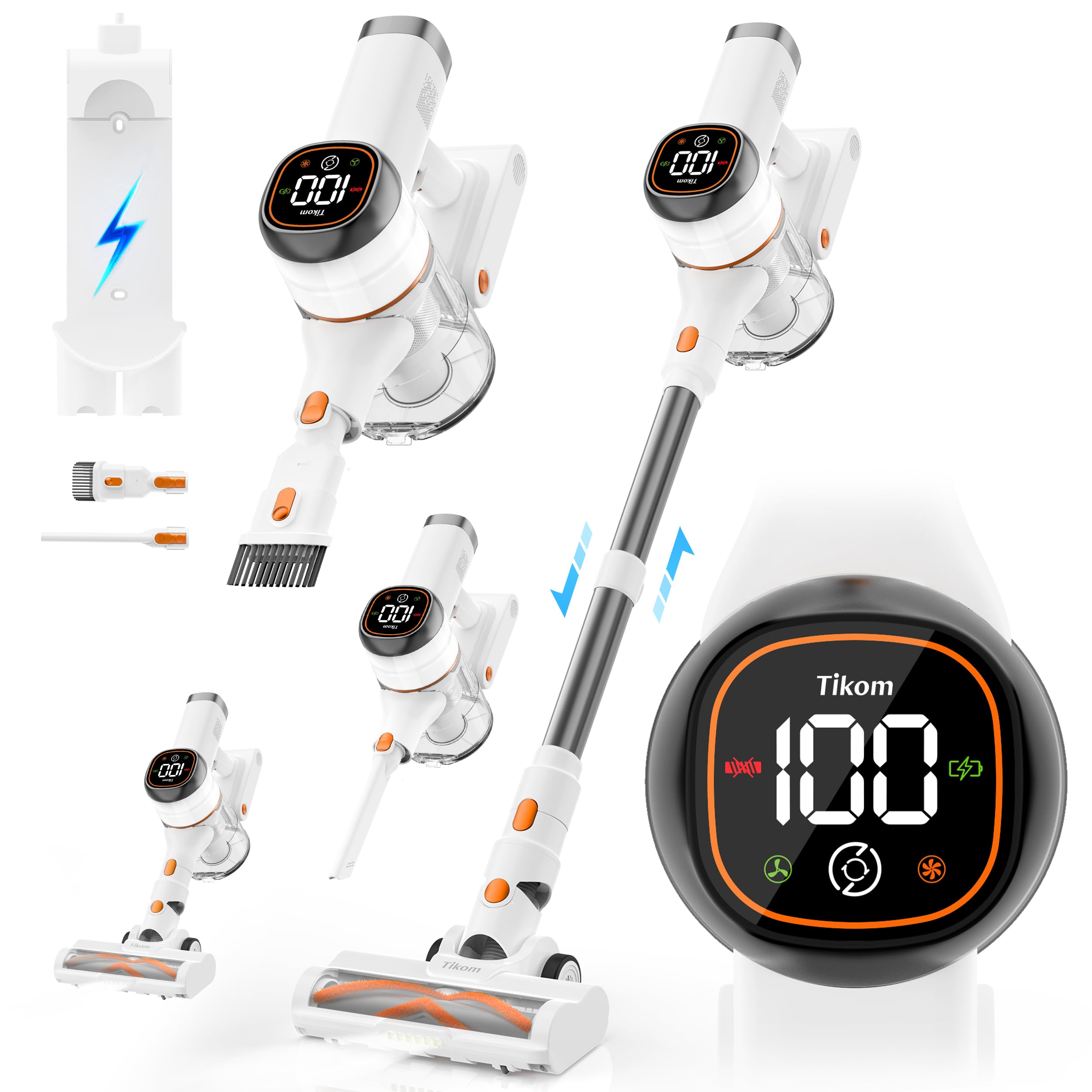 Tikom V500 Cordless Stick Vacuum Cleaner - 40000Pa/450W Powerful Suction, LED Touch Screen, Lightweight Handheld for Pet Hair, Hard Floors & Carpets - Includes Charging Wall Dock & Anti-Tangle Technology - Perfect for Home Cleaning, Car Detailing & Pet Owners
