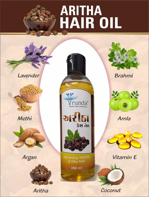 Vrunda Ayurvedic Aritha Hair Oil - 250ml Natural Hair Treatment for Damaged Hair, Men & Women - Promotes Hair Growth & Repair - Perfect for Daily Hair Care & Scalp Nourishment