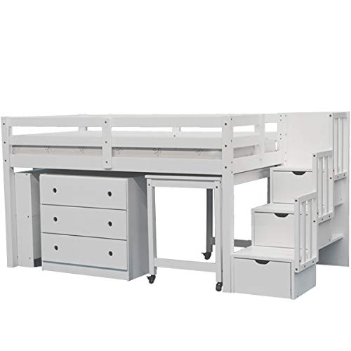 Junior Stairway Mid Loft Bed with Desk, Chest & Bookcase - White Solid Wood Frame - Durable & Sturdy for Kids & Teens - Perfect for Small Bedrooms, Dorm Rooms & Space-Saving Solutions