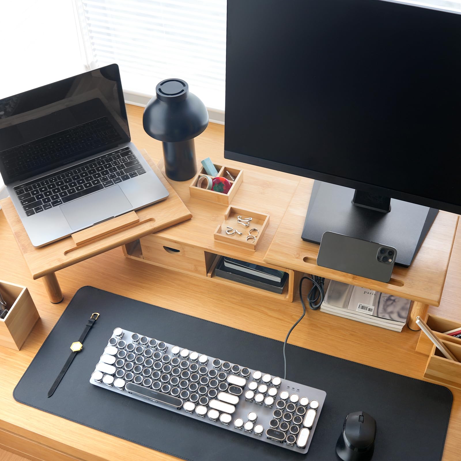 Adjustable Bamboo Dual Monitor Stand Riser with Storage Drawer - Ergonomic Desk Shelf for 2-3 Screens, Laptops, PC & TV - Perfect for Home Office, Gaming Setup & Workspace Organization (Natural Wood Finish)