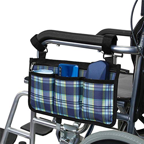 Waterproof Wheelchair Side Bag with Black Bright Line - Armrest Pouch Storage Organizer for Walkers, Rollators & Mobility Scooters (Blue Plaid) - Perfect for Daily Essentials, Medications & Personal Items On-The-Go