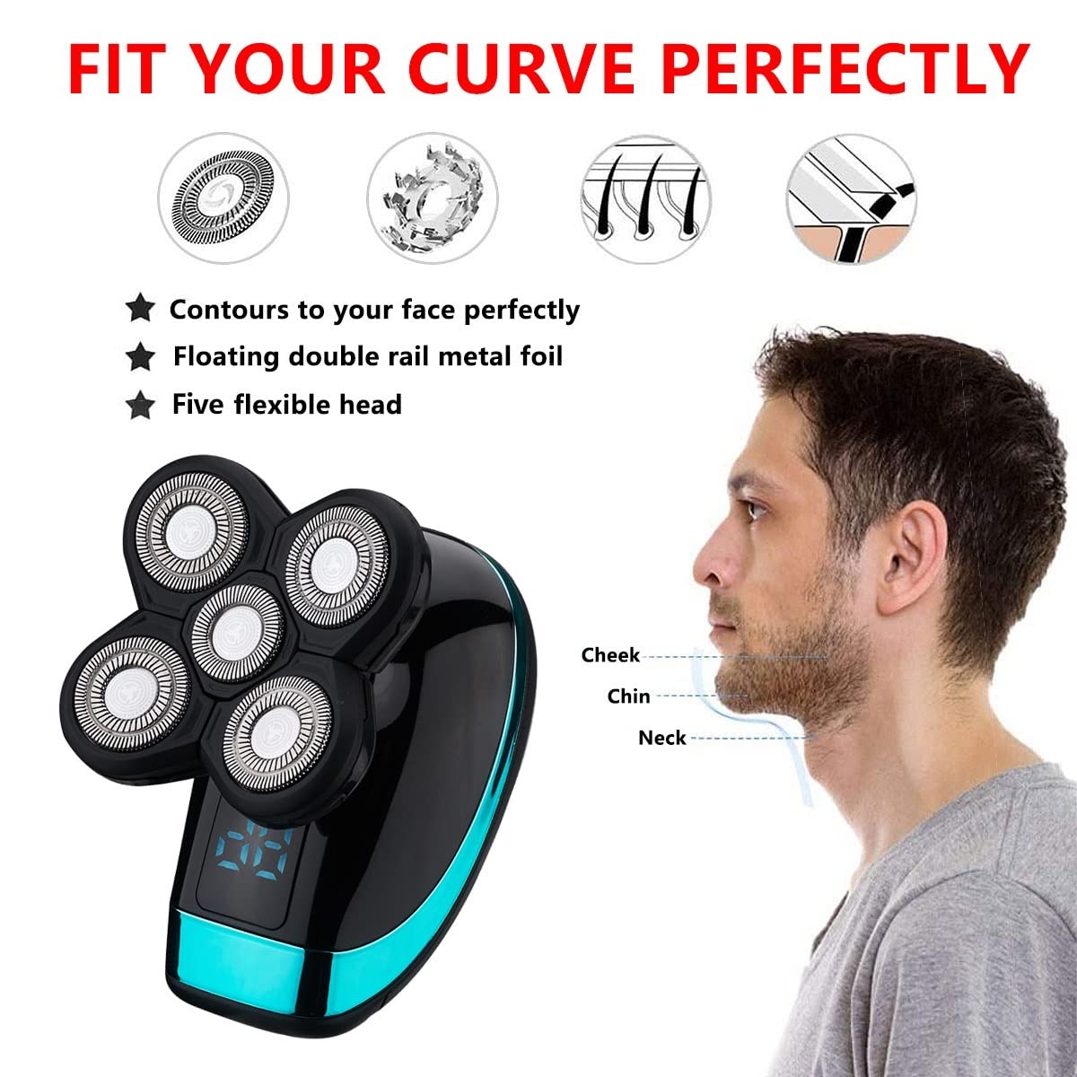 5-in-1 Electric Razor for Men - Bald Head Shaver with LED Display, Nose Hair & Beard Trimmer, Facial Cleansing Brush, USB Rechargeable - Perfect for Travel, Gym & Daily Grooming Routine