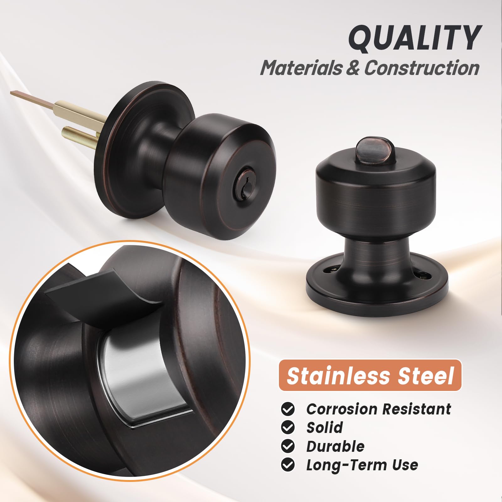 KNOBWELL 3 Pack Keyed Entry Door Knob Set with Lock - Interior & Exterior Keyed Alike Door Handles - Oil Rubbed Bronze & Stainless Steel Front Door Knobs for Home Security | Perfect for Front Doors, Bedrooms, Offices & Rental Properties