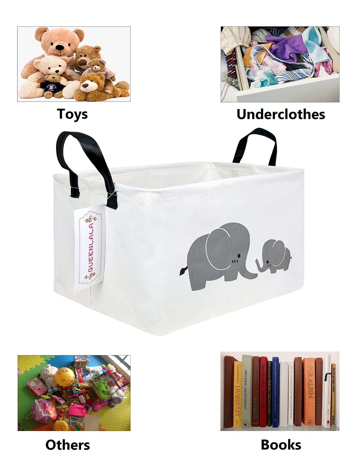 QUEENLALA Foldable Rectangular Laundry Hamper Basket - Nursery Toy Storage Organizer for Kids Bedroom, Office & Closet - Elephant Design Parent-Child Theme | Perfect for Baby Clothes, Toys Organization & Home Decor