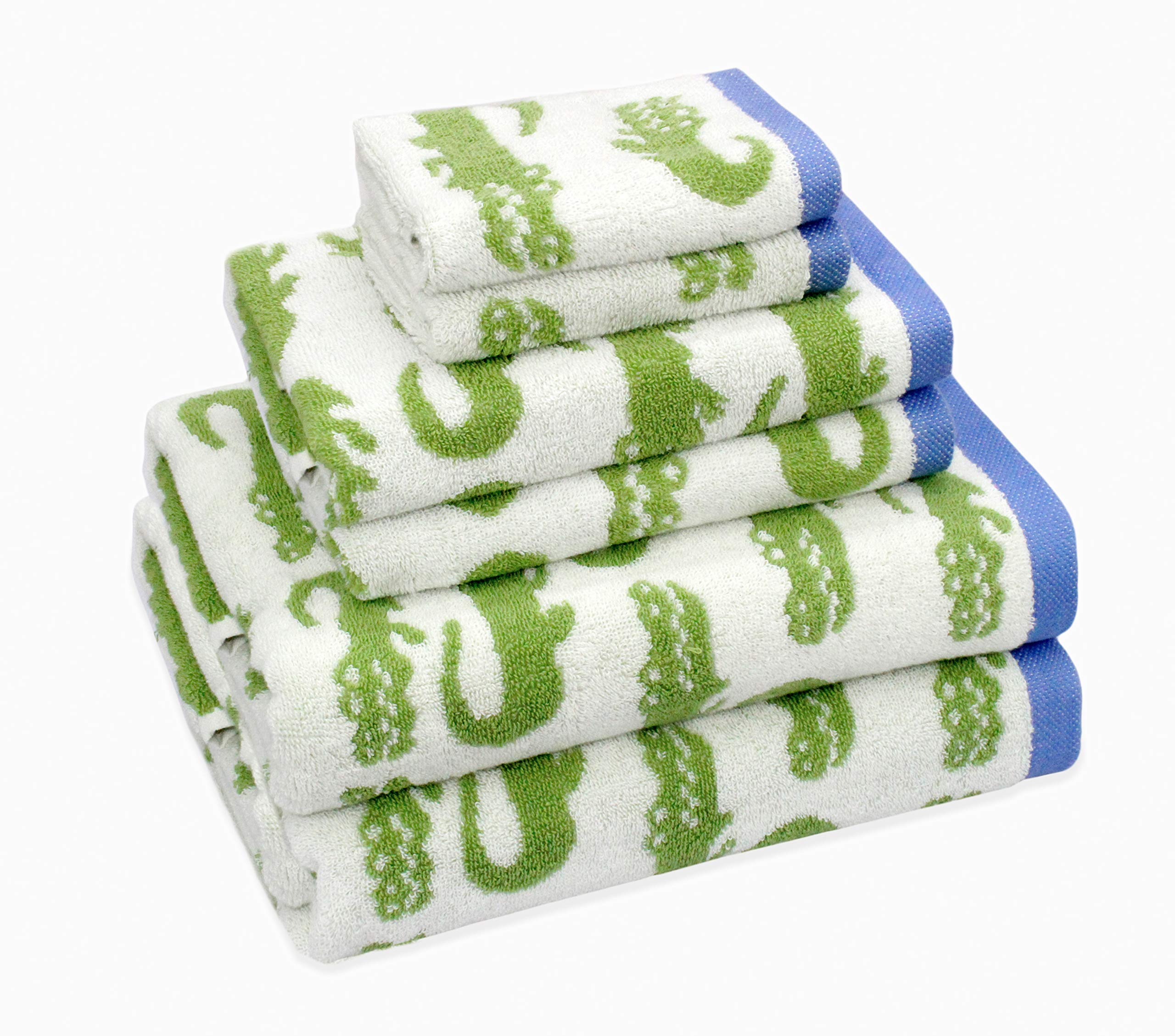 Premium 6-Piece Kids Bath Towel Set - 2 Bath Towels, 2 Hand Towels & 2 Washcloths with Bonus Tote Bag - 100% Cotton Jacquard Soft Absorbent Towels for Bath, Pool & Beach - Cute Crocodile Design in Green & Blue - Perfect Baby Shower Gift & Toddler Bath Time Essential