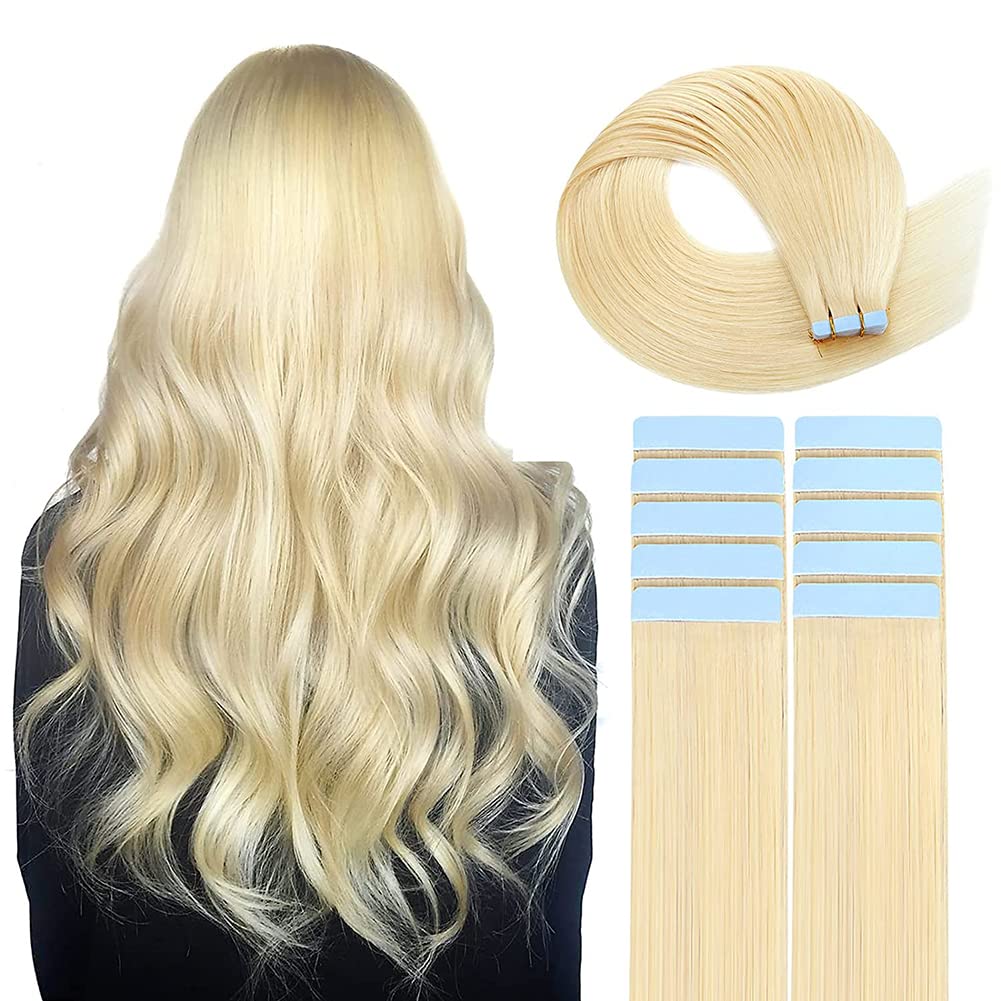 VADES Tape In Hair Extensions 20 Inch - 100% Remy Human Hair, 60 Platinum Blonde, 40 Pieces (100g) - Invisible Seamless Skin Weft for Natural Look | Perfect for Weddings, Parties & Daily Styling