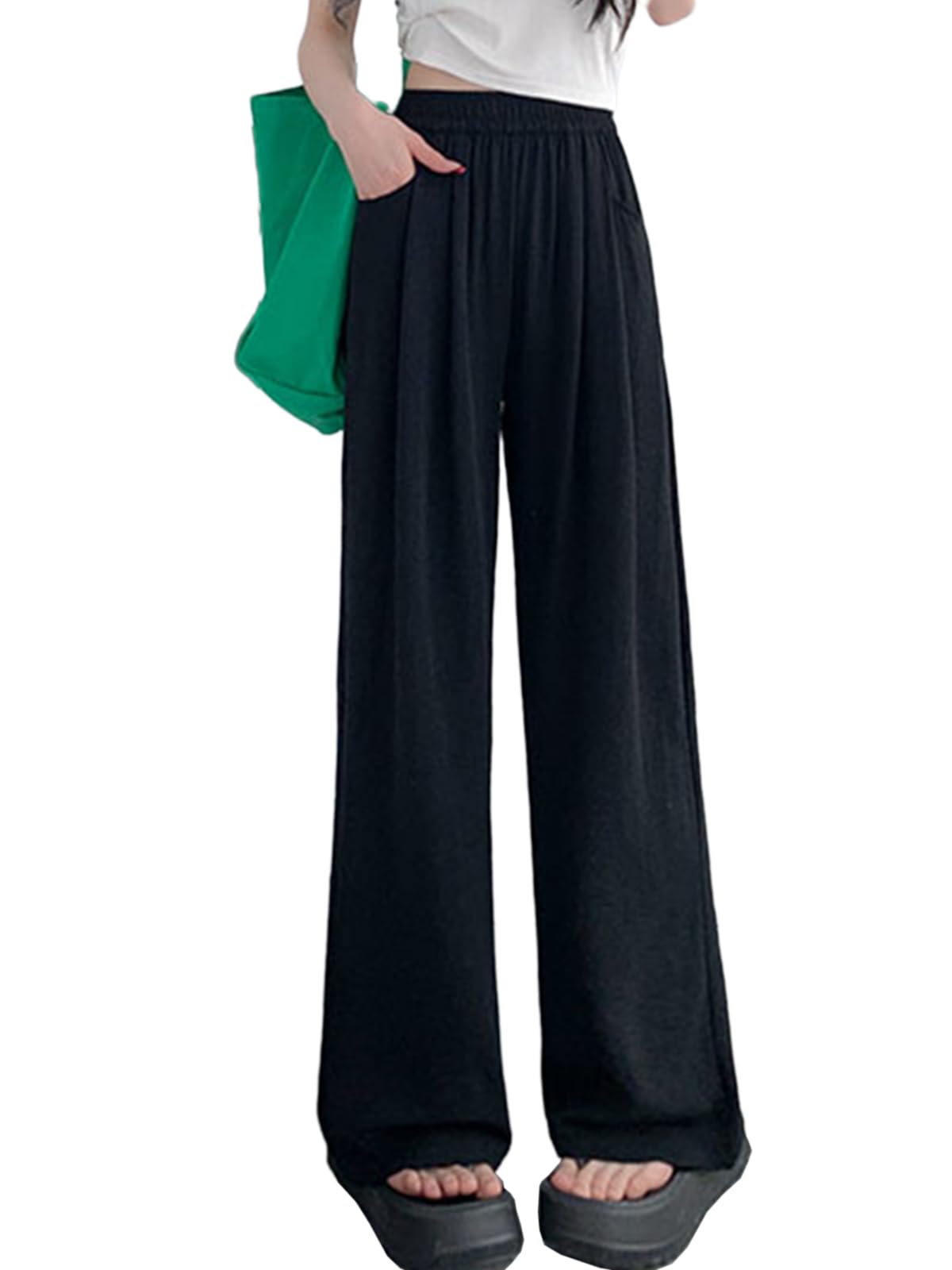 WOWULOVELY Women's High Waisted Wide Leg Palazzo Pants - Casual & Work Capri Trousers for Office, Travel & Everyday Wear