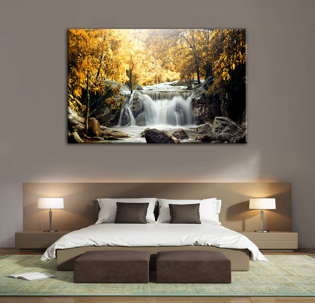 Autumn Mountain Forest Waterfall Canvas Painting - Nature Landscape Wall Art for Living Room, Bedroom & Office Decor - HD Printed Home Decoration Poster