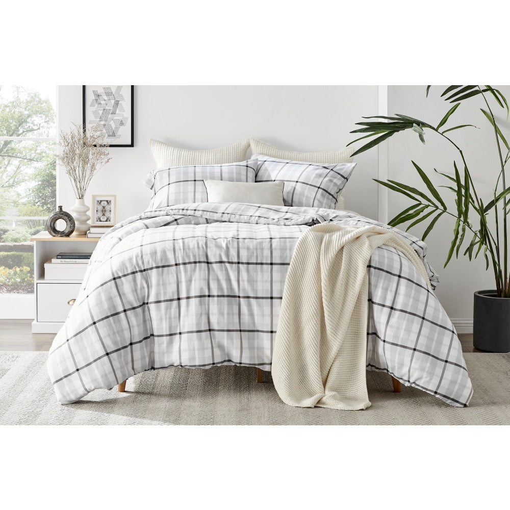 150GSM Check Print Flannelette Quilt Cover Set - Grey King Size Bedding, Soft & Warm Winter Comforter Cover for Cozy Bedroom Decor